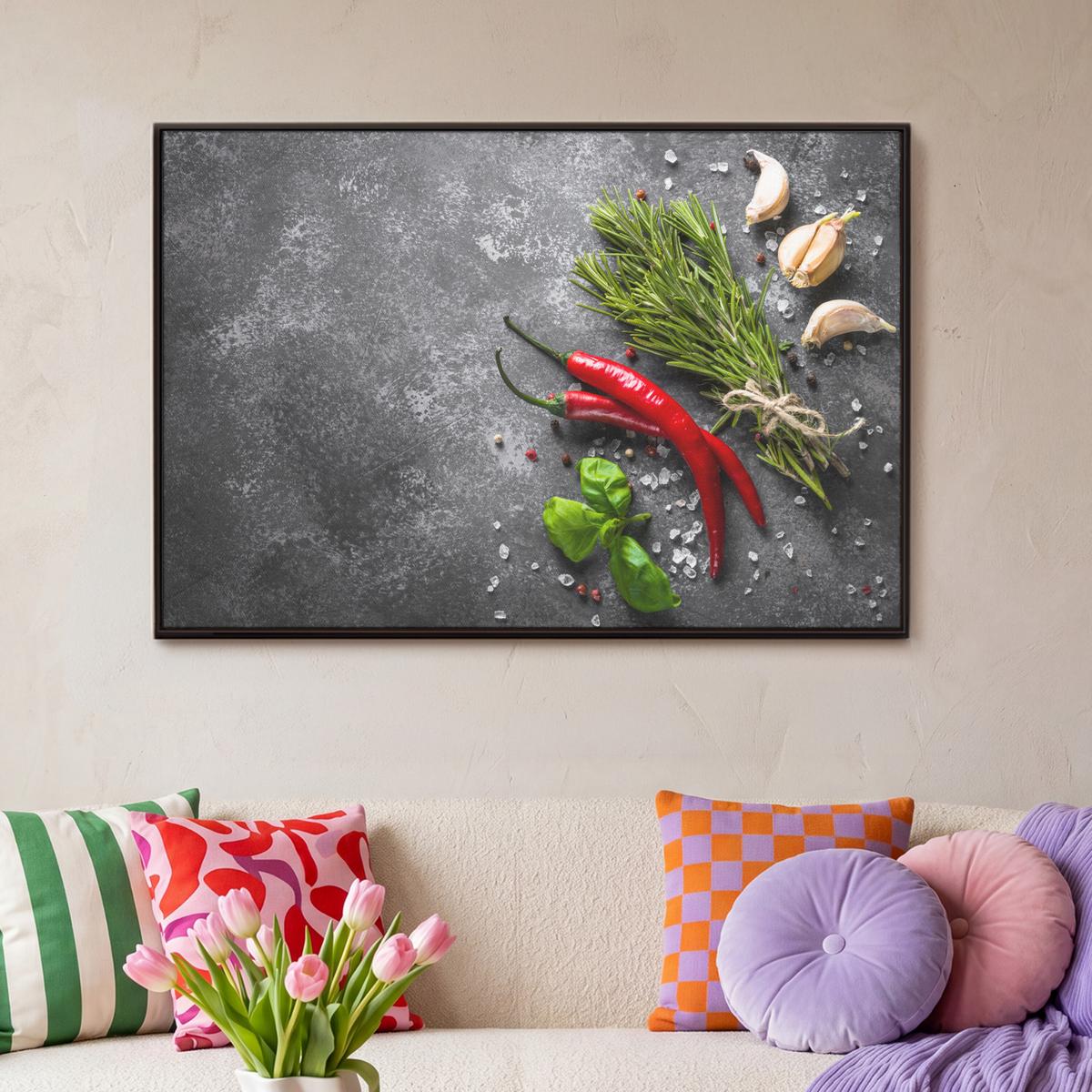 LEINWAND Bilder mit Rahmen - Pfeffer - Kräuter - Gewürze - Beton - 90x60 - Dunkelgrau, Textil (90/60cm) - MuchoWow