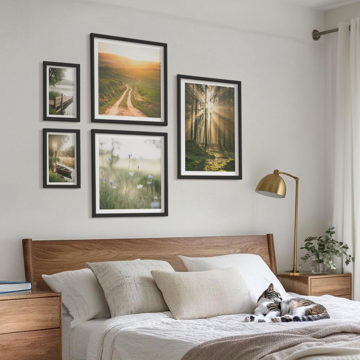BILDER SET 5er Set - 50x50 cm & 20x30 cm & 40x60 cm Schwarzer Rahmen - Gemalte Zitruslandschaften - Schwarz, Kunststoff (40/60cm) - TULUP