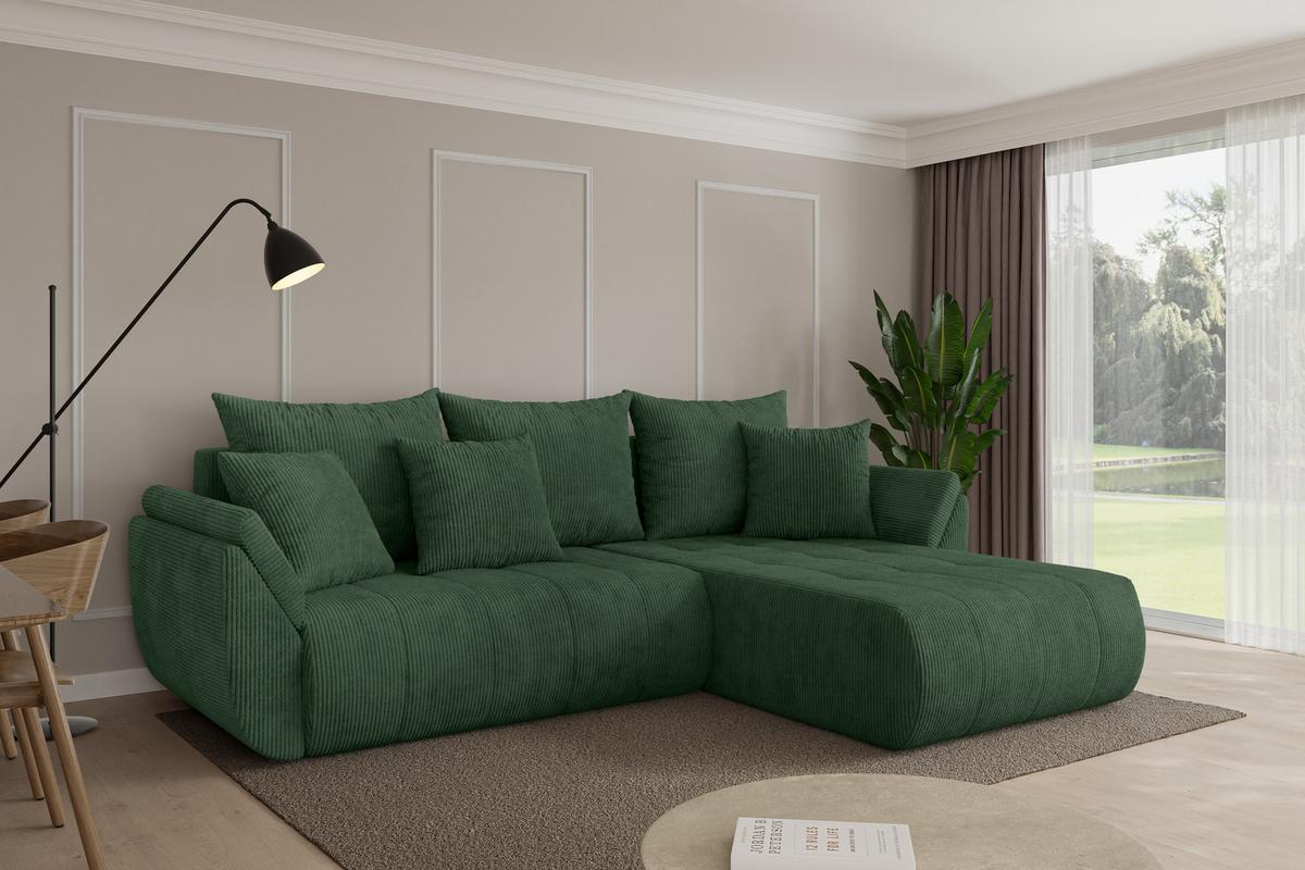 ECKSOFA mit Schlaffunktion Ottomane Rechts TOKO-L 277x194x86 Grün Cord - Dunkelgrün/Schwarz, Holzwerkstoff/Kunststoff (277/194cm) - ALTDECOR