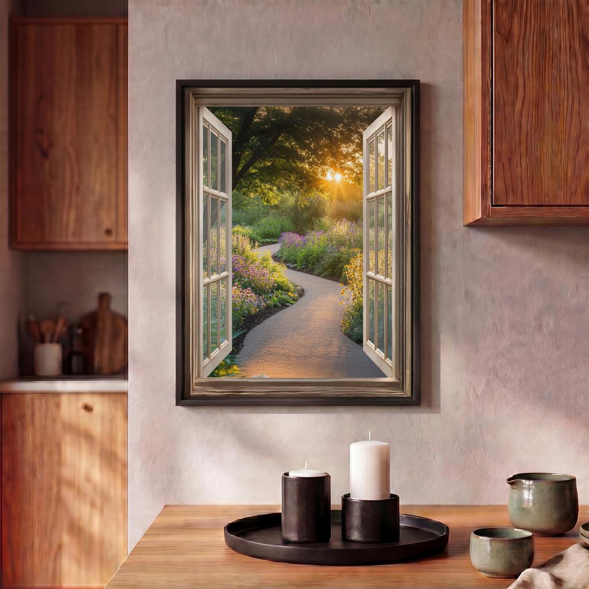 LEINWAND Bilder mit Rahmen - Aussicht - Blumen - Natur - Sonne - Weg - 30x40 - Hellgelb, Textil (30/40cm) - MuchoWow
