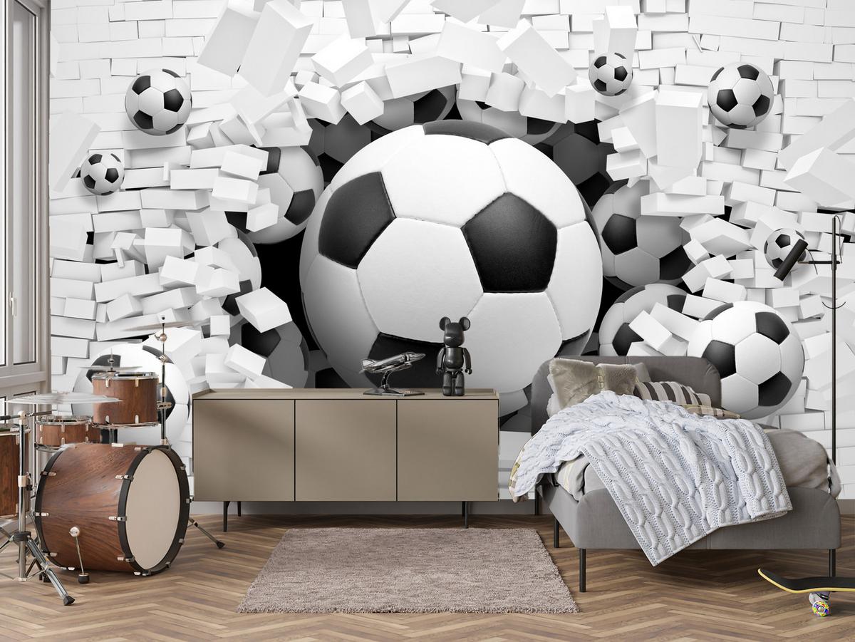 FOTOTAPETE für Jugendzimmer Fußbälle Weiße Ziegelwand Sport 250x175 - Schwarz/Weiß, Papier (250/175cm) - Muralo
