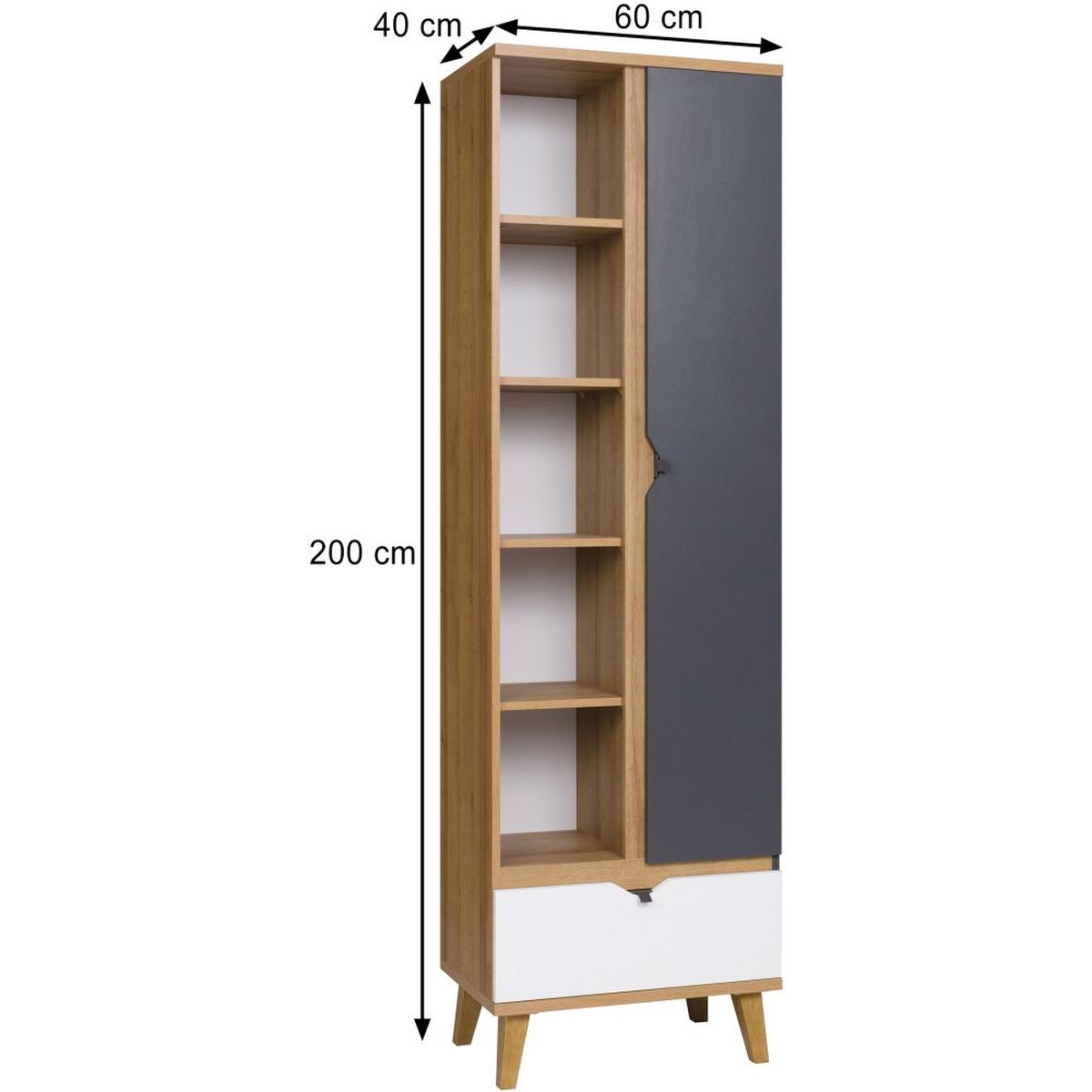 BÜCHERREGAL Moreno mit 1 Tür und 1 Schublade, Eiche gold/mattweiß/graphit - Eichefarben/Graphitfarben, Holzwerkstoff/Kunststoff (60/200/40cm) - Beautysofa