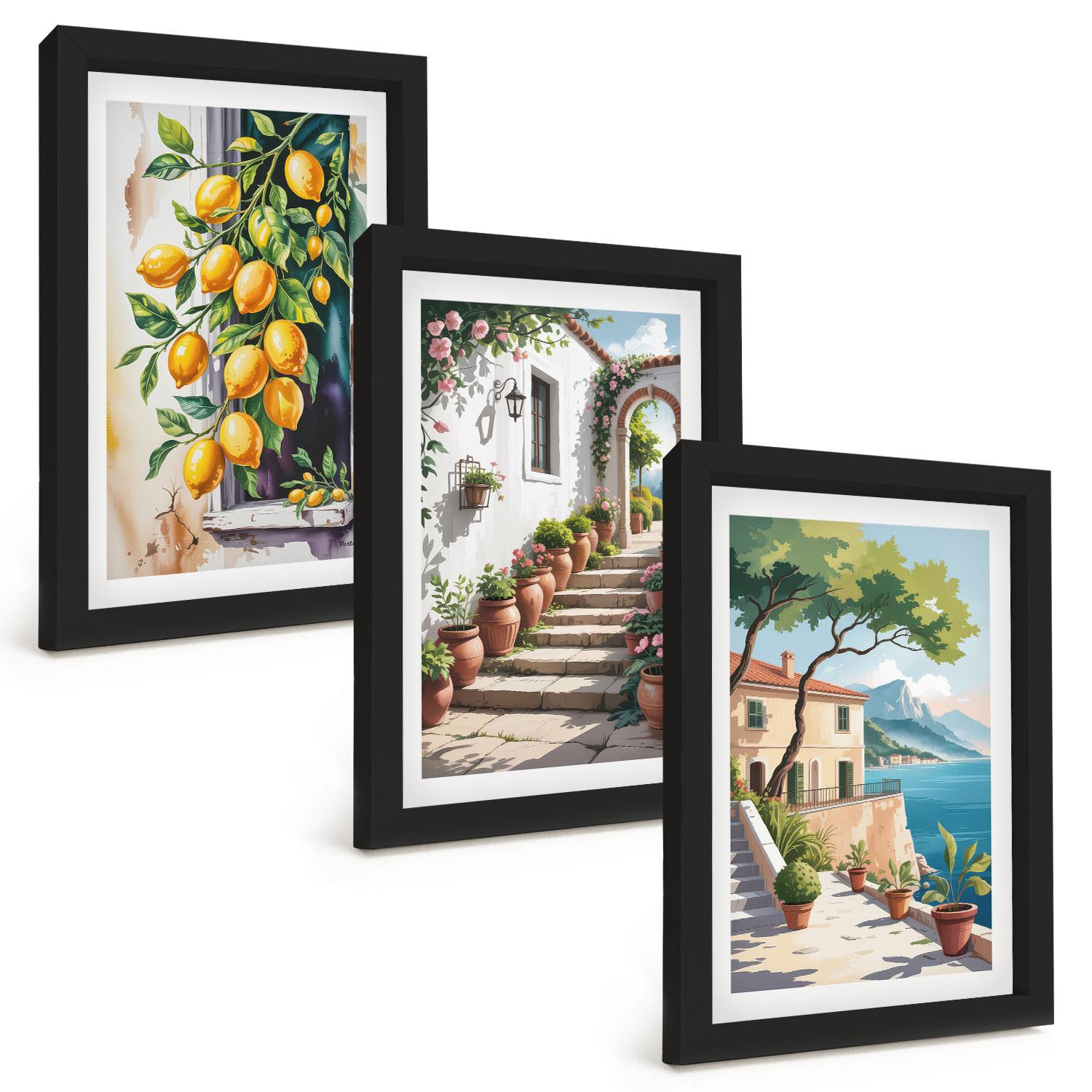 BILDER SET 3er Set - 20x30 cm Schwarzer Rahmen - Zitronen, Blumen, Meerblick - Schwarz, Kunststoff (20/30cm) - TULUP