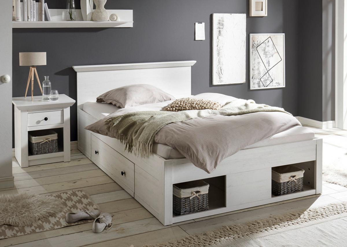 BETT Pinie weiß Liegefläche 140 x 200 cm, Stauraumbett mit Bettschubkasten - Schwarz/Weiß, Holzwerkstoff/Kunststoff (140/200cm) - Furn.Design