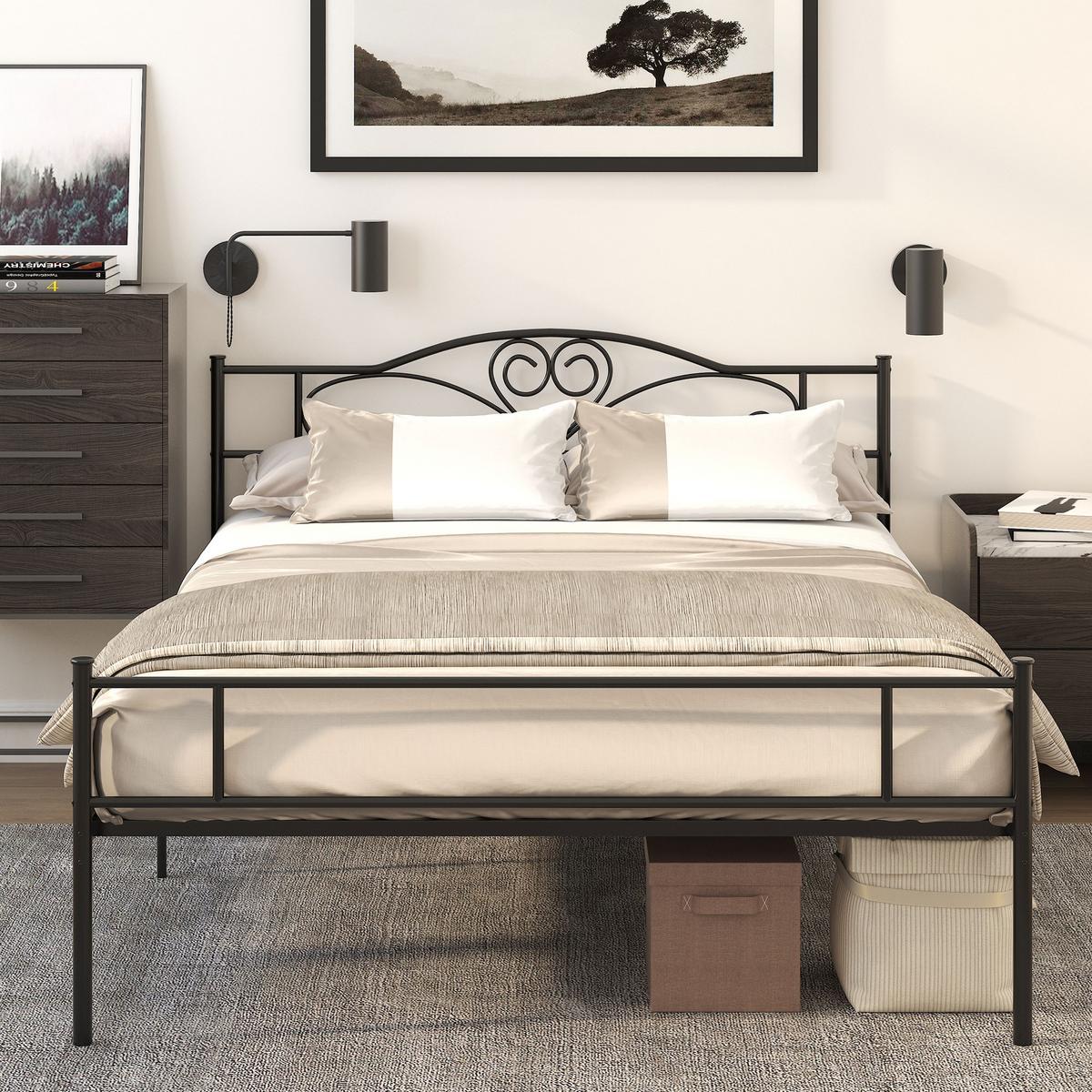 BETT 140 x 200 cm Stahl mit Lattenrost, Unterbettaufbewahrung, Kopf- und Fußteil - Schwarz, Metall (140/200cm) - HOMCOM