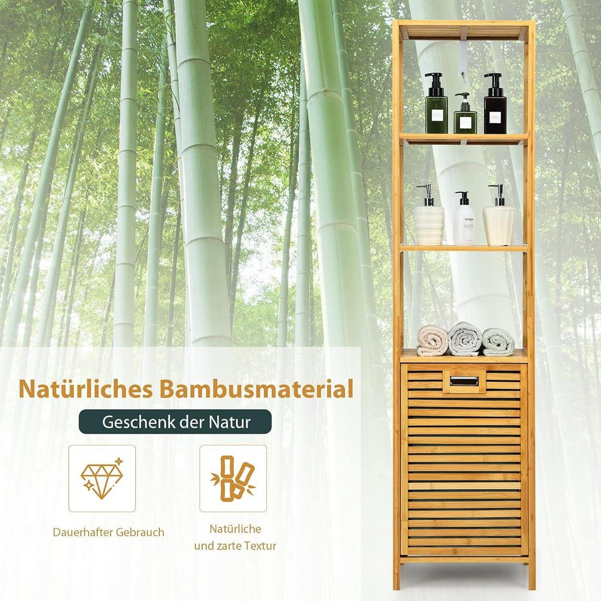 WÄSCHESCHRANK mit abnehmbarem Wäschesack & Griff natur - Naturfarben, Naturmaterialen (40/160/33cm) - COSTWAY