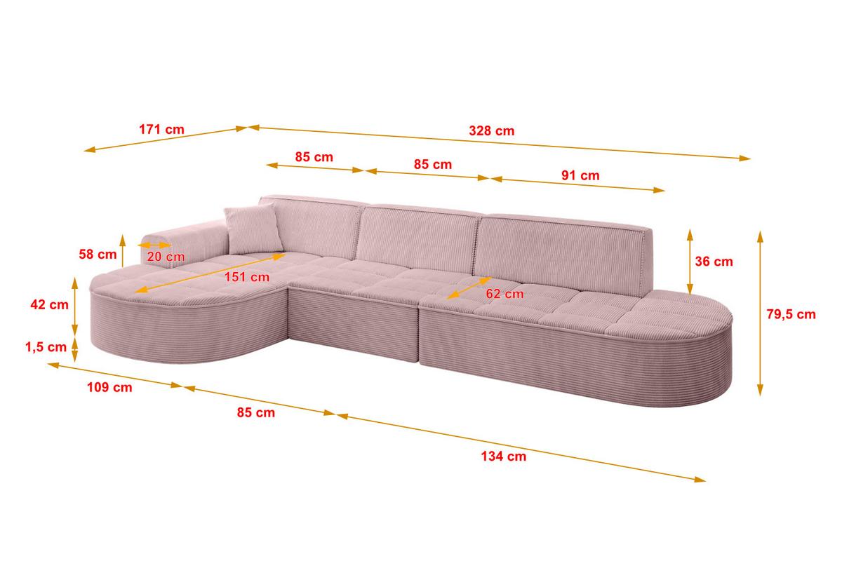 ECKSOFA Ottomane Links TARO-L2 - 328x171x79,5 cm Rosa - Rosa, Holzwerkstoff/Textil (328/171cm) - ALTDECOR