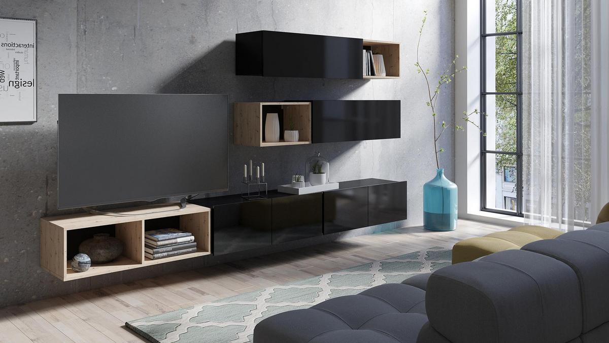 WOHNWAND Kossana 25 Modern Schwarz/Goldene Eiche 300/104/43 cm Schrankwand - Schwarz, Holzwerkstoff/Kunststoff (300/105/43cm) - AX Living