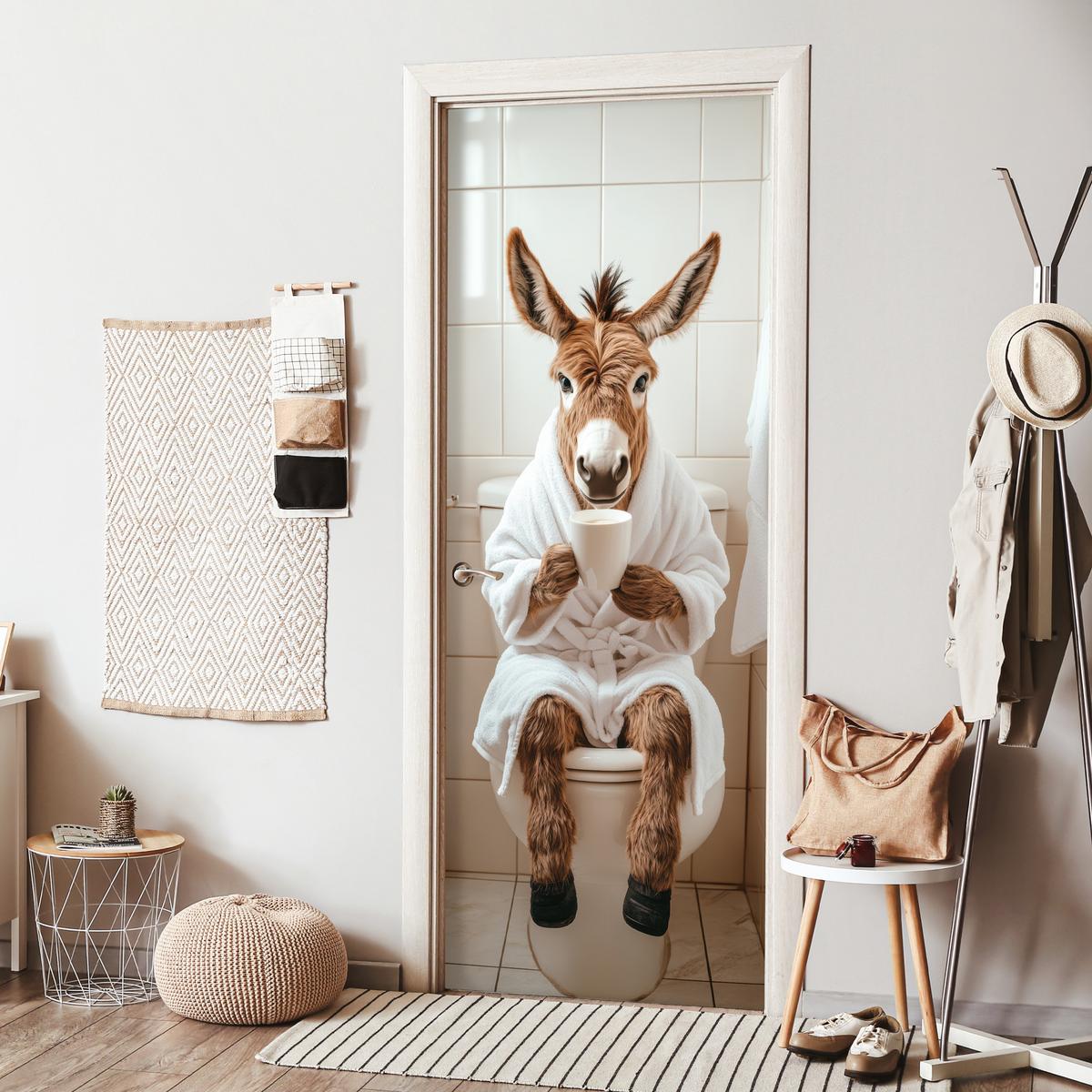 TÜRAUFKLEBER Esel - WC - Lustig - Bademantel - Tier 90x235 cm - Türtapete - Beige, Kunststoff (90/0.1cm) - MuchoWow