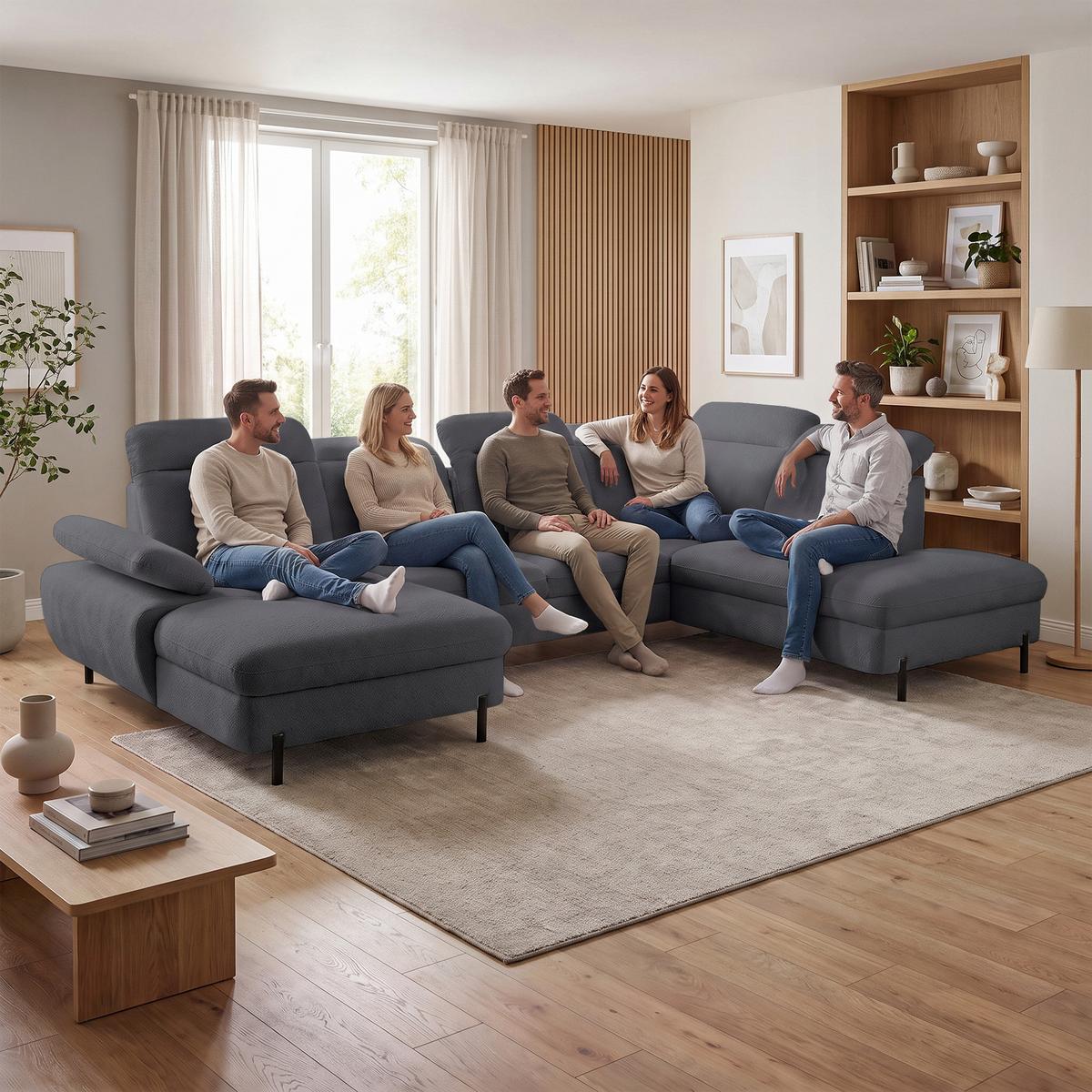 WOHNLANDSCHAFT Sora U mit Schlaffunktion und verstellbarer Sitztiefe, Kopfstützen und Armlehne, 365 cm, Anthrazit, Links - Anthrazit/Schwarz, Textil (365/107/235cm) - Beautysofa