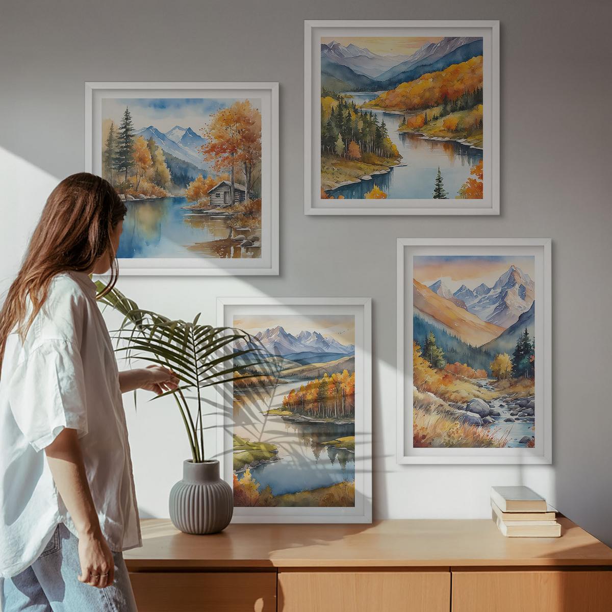 BILDER SET 4er Set - 50x50 cm & 40x60 cm Weißer Rahmen - Bergblick, Fluss, Herbst - Weiß, Kunststoff (50/50cm) - TULUP