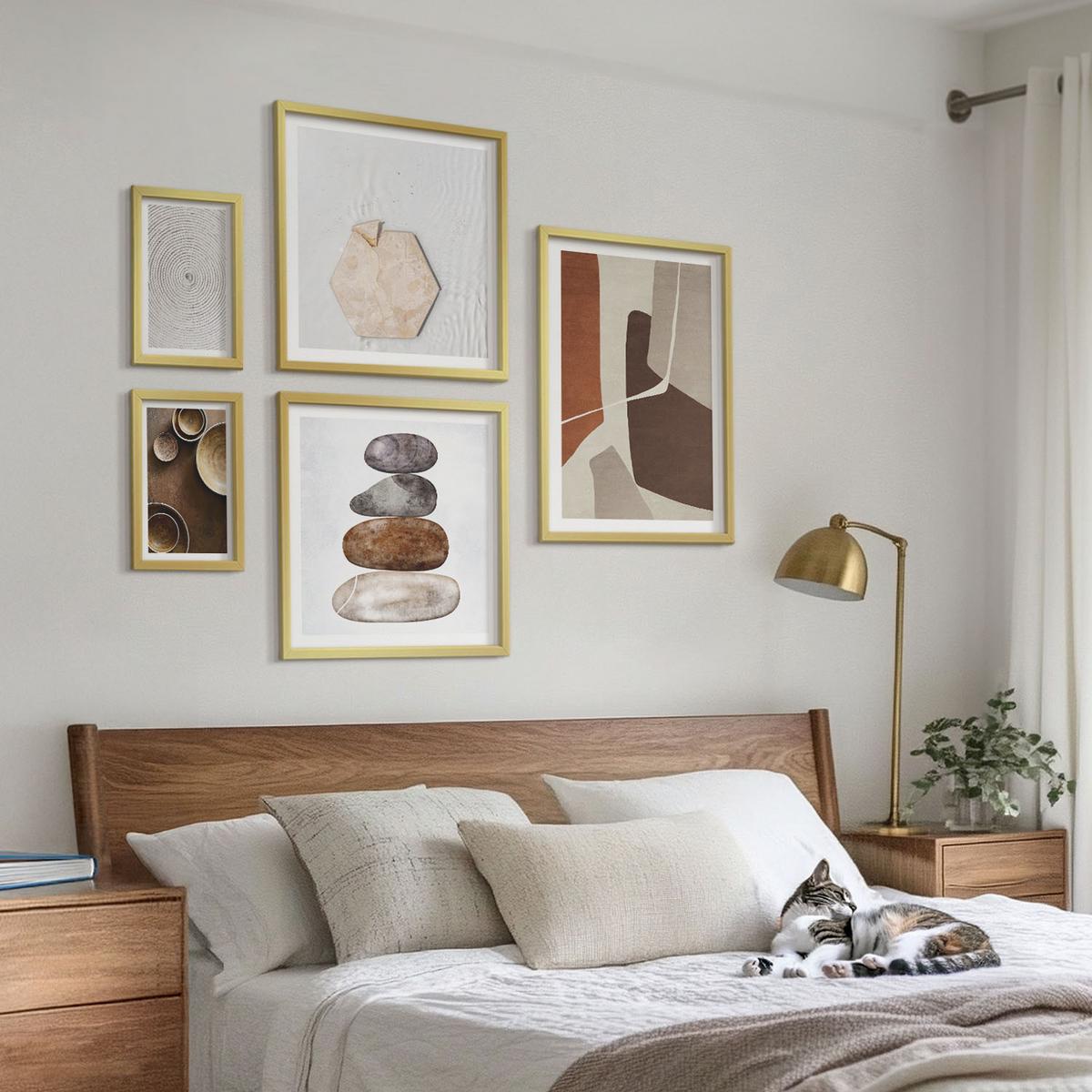 BILDER SET 5er Set - 50x50 cm & 20x30 cm & 40x60 cm Goldrahmen - Texturen in der modernen Kunst - Goldfarben, Kunststoff (40/60cm) - TULUP