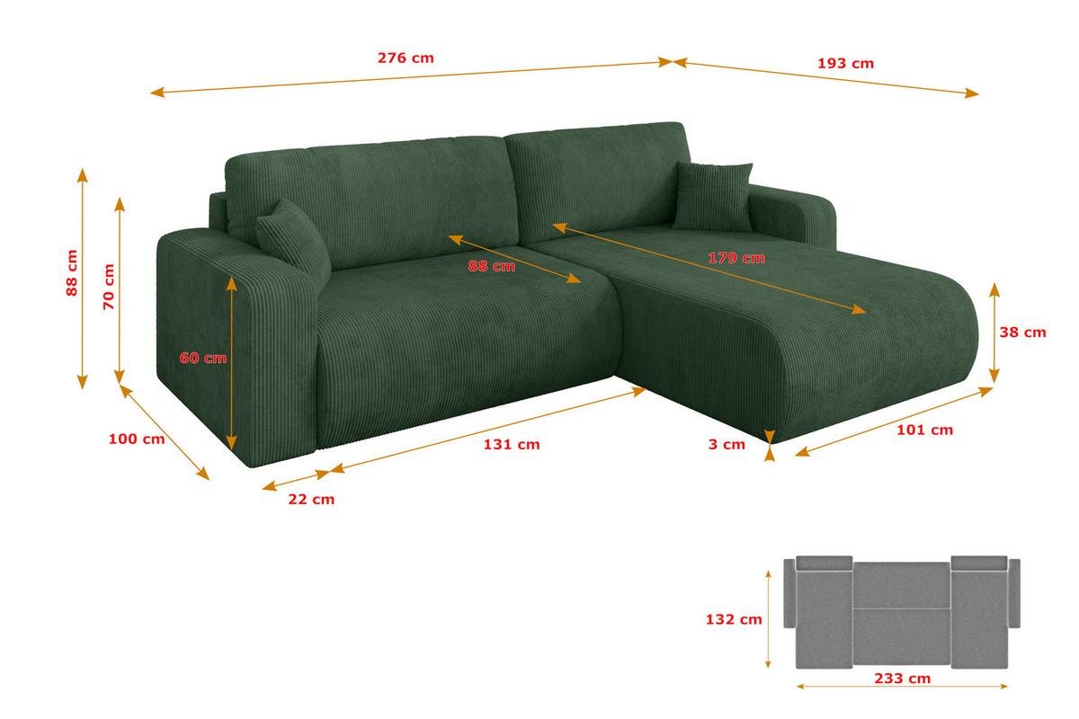 ECKSOFA mit Schlaffunktion Ottomane Rechts BERY-L 276x193x88 Grün Cord - Dunkelgrün/Schwarz, Holzwerkstoff/Kunststoff (276/193cm) - ALTDECOR
