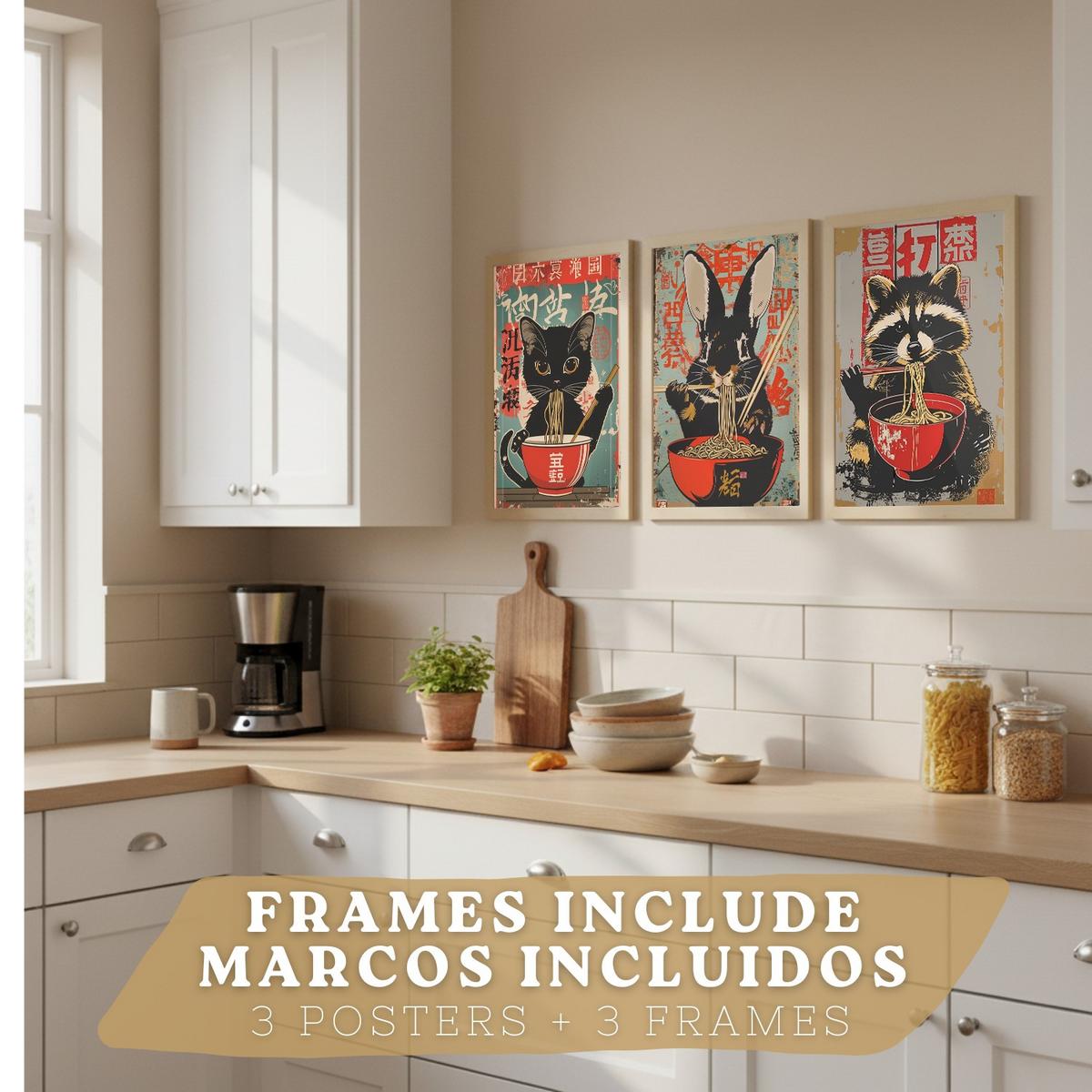 POSTER 3er Set Japanische Ramen Tier-Wandbilder Katze Waschbär und Hase Nudeln Küche Wanddeko Rahmenlos A3 - Beige, Papier (29.7/1/42cm) - Nacnic