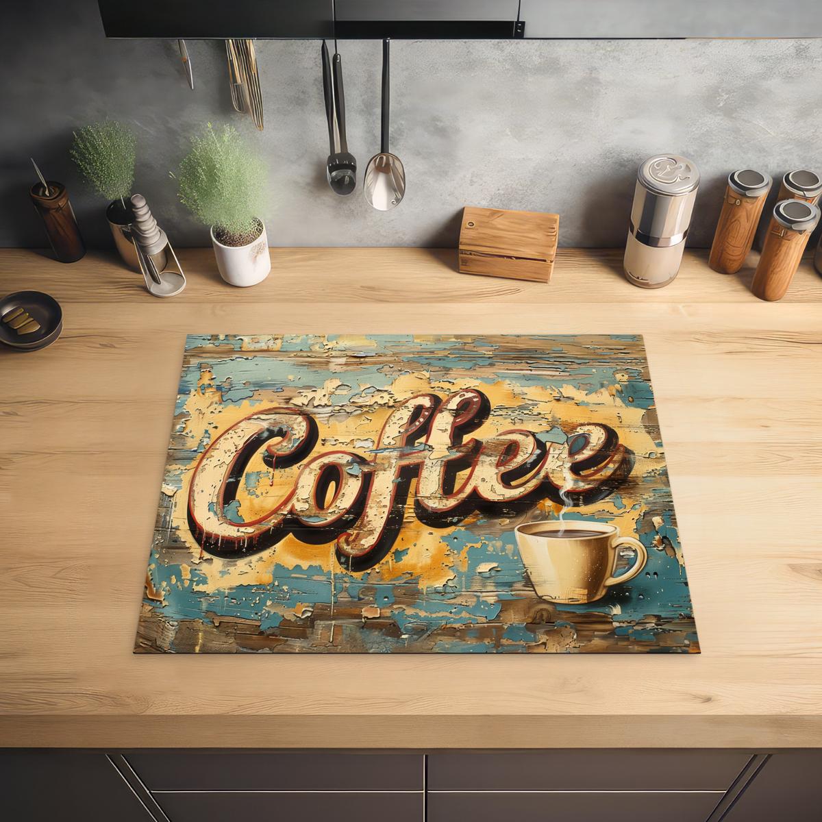 HERDABDECKPLATTE Kaffee - Vintage - Braun - Tasse Herdabdeckung Induktionsfeld 65x52 cm - Teakfarben, Kunststoff (65/52/0.2cm) - MuchoWow