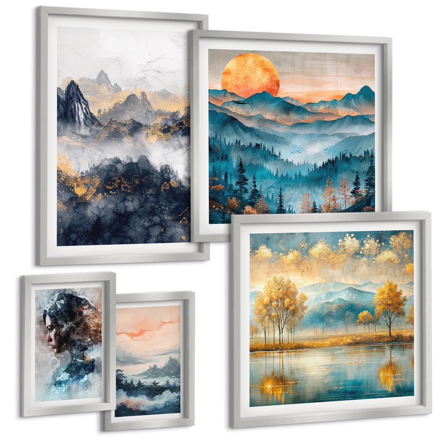 BILDER SET 5er Set - 50x50 cm & 20x30 cm & 40x60 cm Silberner Rahmen - Tropische Pflanzen, Vögel, Natur - Silberfarben, Kunststoff (40/60cm) - TULUP