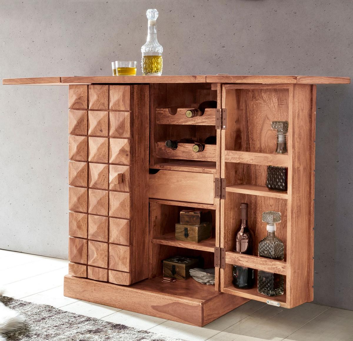 BARSCHRANK aus Massivholz mit Türen und integrierter Weinaufbewahrung SAAR, Beige 65x50x91 cm - Beige, Akazienholz/Holz (65/91/50cm) - KADIMA DESIGN