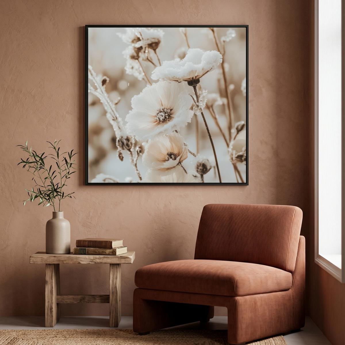 LEINWAND Bilder mit Rahmen - Blumen - Winter - Weiß - Schnee - Beige - 90x90 - Creme, Textil (90/90cm) - MuchoWow