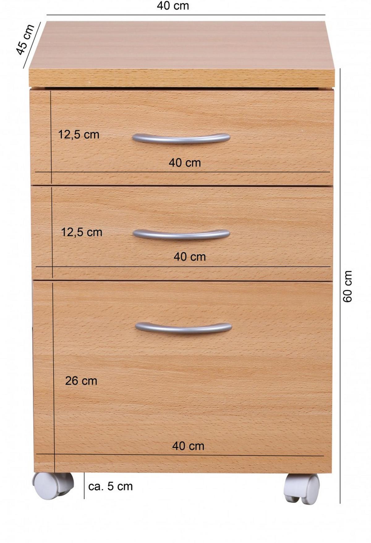ROLLCONTAINER – Buche, 60 cm hoch, 3 Schubladen, Aluminiumgriffe, Rollen - Braun/Weiß, Holz/Kunststoff (45/60/40cm) - KADIMA DESIGN