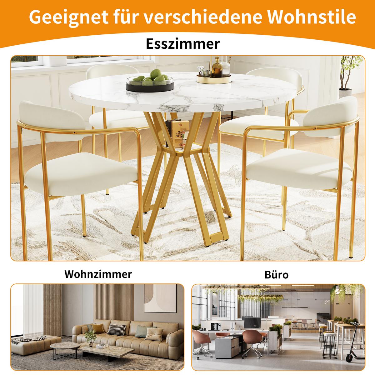 OKRÚHLY JEDÁLENSKÝ STÔL – biely mramorový vzhľad so zlatými nohami - Weiß, Holzwerkstoff/Metall (100/100/76cm) - Urban Meuble