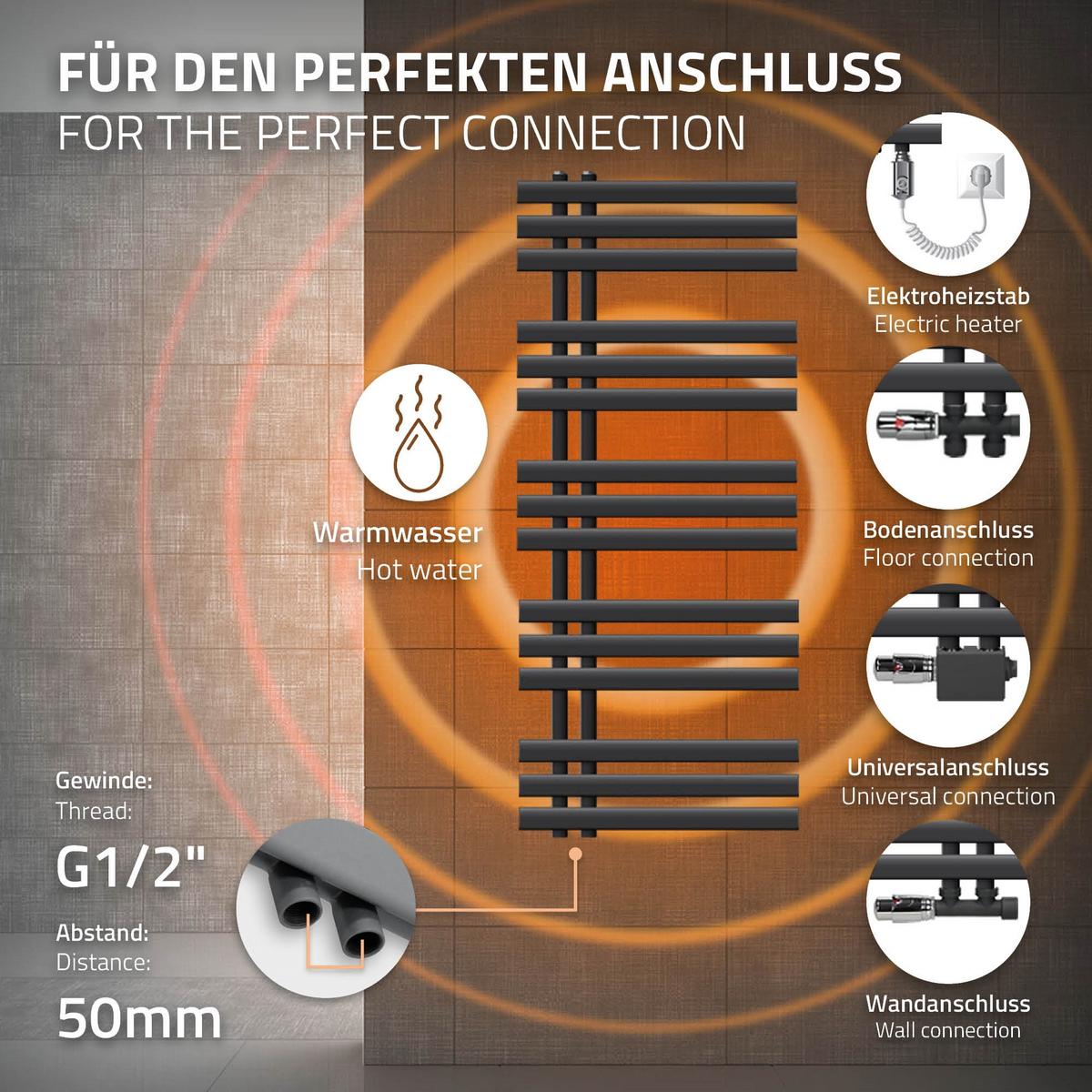 BADHEIZKÖRPER elektrisch Iron EM 500x1200 mm Anthrazit mit Heizstab 900W - Anthrazit, Metall (50/120/3cm) - LuxeBath