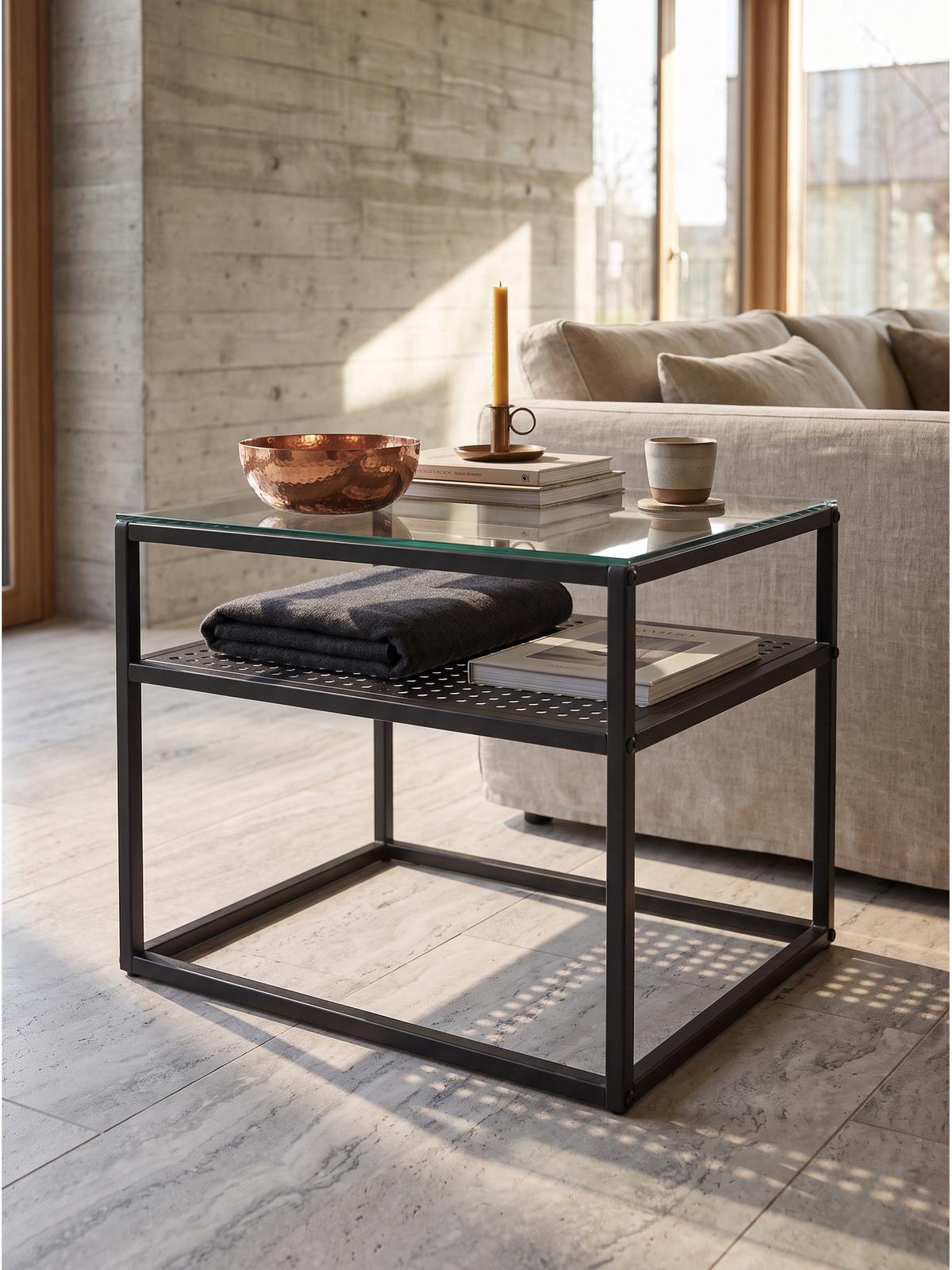 COUCHTISCH ALCUDIA, Einscheibensicherheitsglas, Schwarz, 60 x 60 x 45 cm - Schwarz, Glas/Metall (60/60/45cm) - KADIMA DESIGN