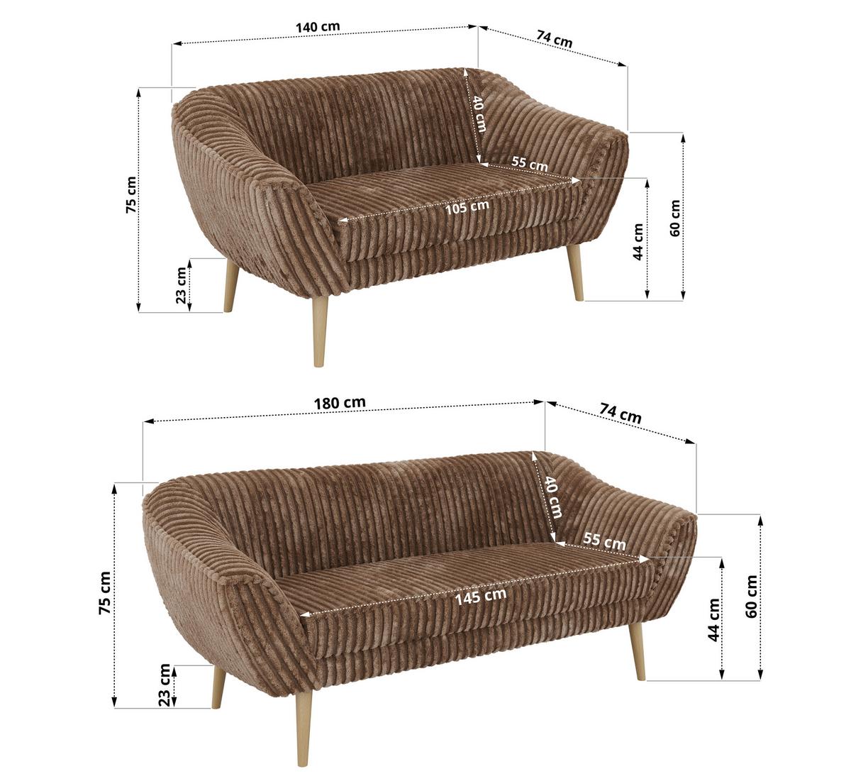 SITZGARNITUR PIRS 3+2 - Braun Cord - Holzbeine - Buchefarben/Braun, Holzwerkstoff/Textil (180/75/74cm) - MKS