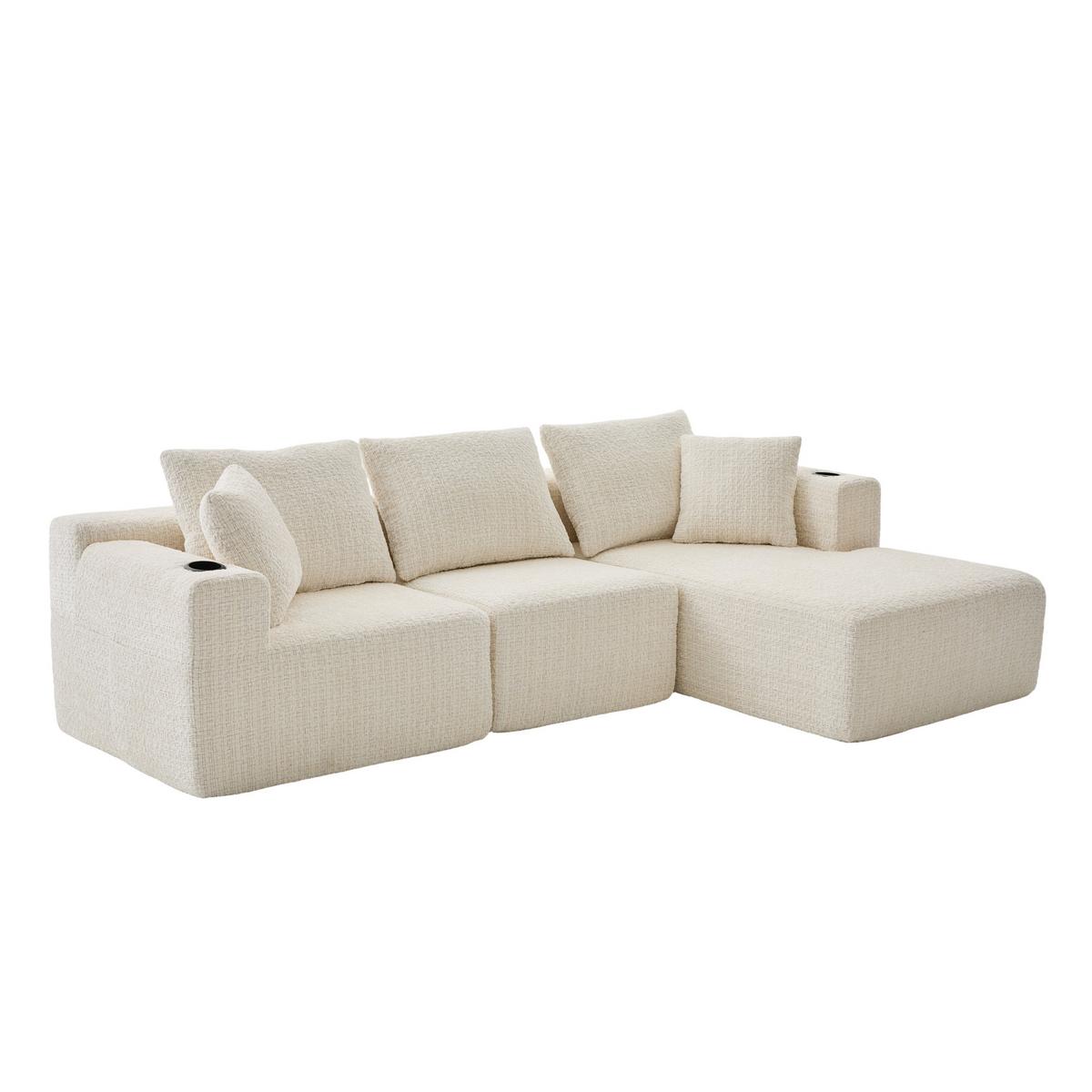 ECKSOFA Modulares L-Form Chenille mit Getränkehalter & Memory-Schaum 261cm - Beige, Textil (261/165cm) - Urban Meuble