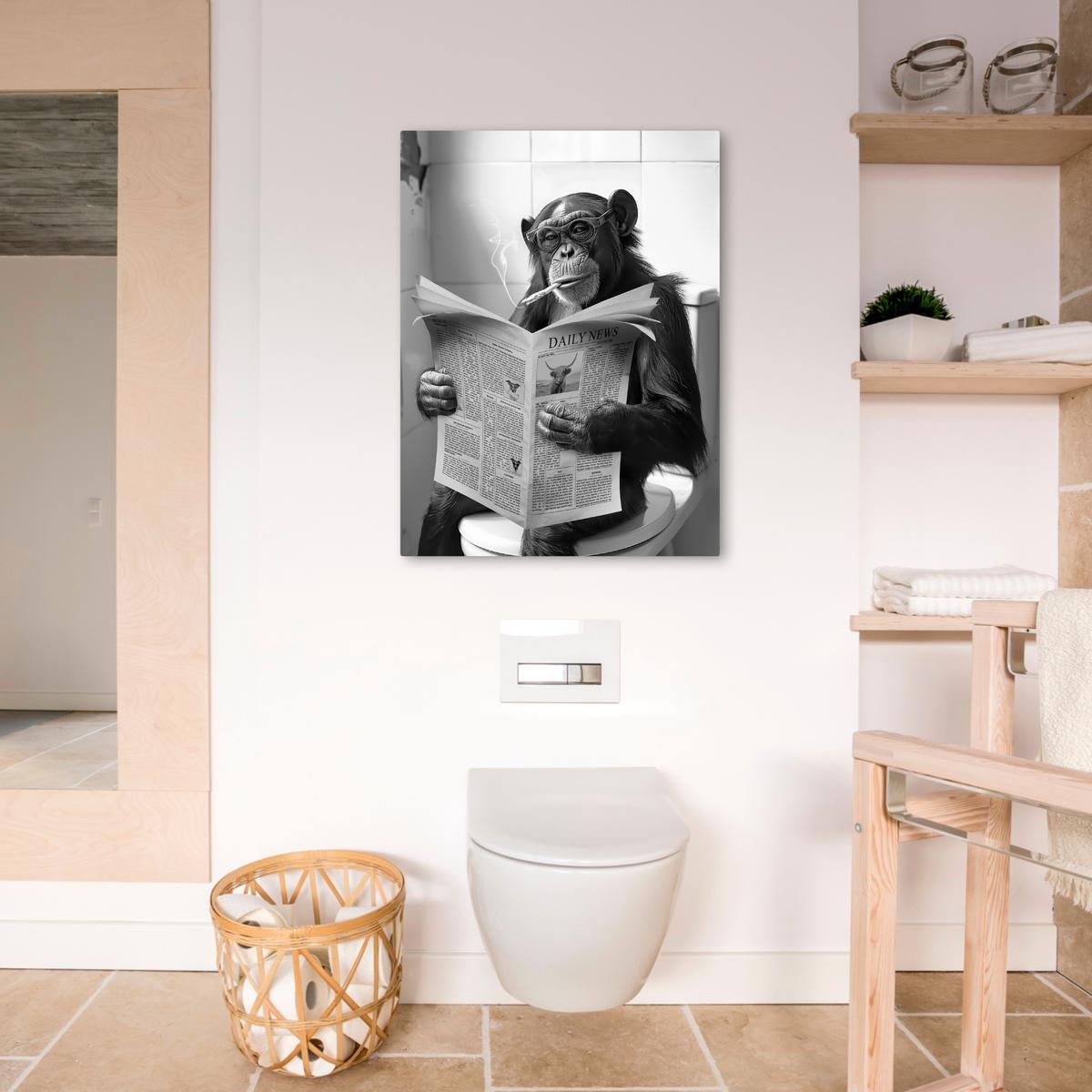LEINWANDBILD Affe - WC - Zeitung - Schwarz-Weiß - Humor Wandbild Wohnzimmer 50x70 cm - Hellgrau, Textil (50/70cm) - MuchoWow