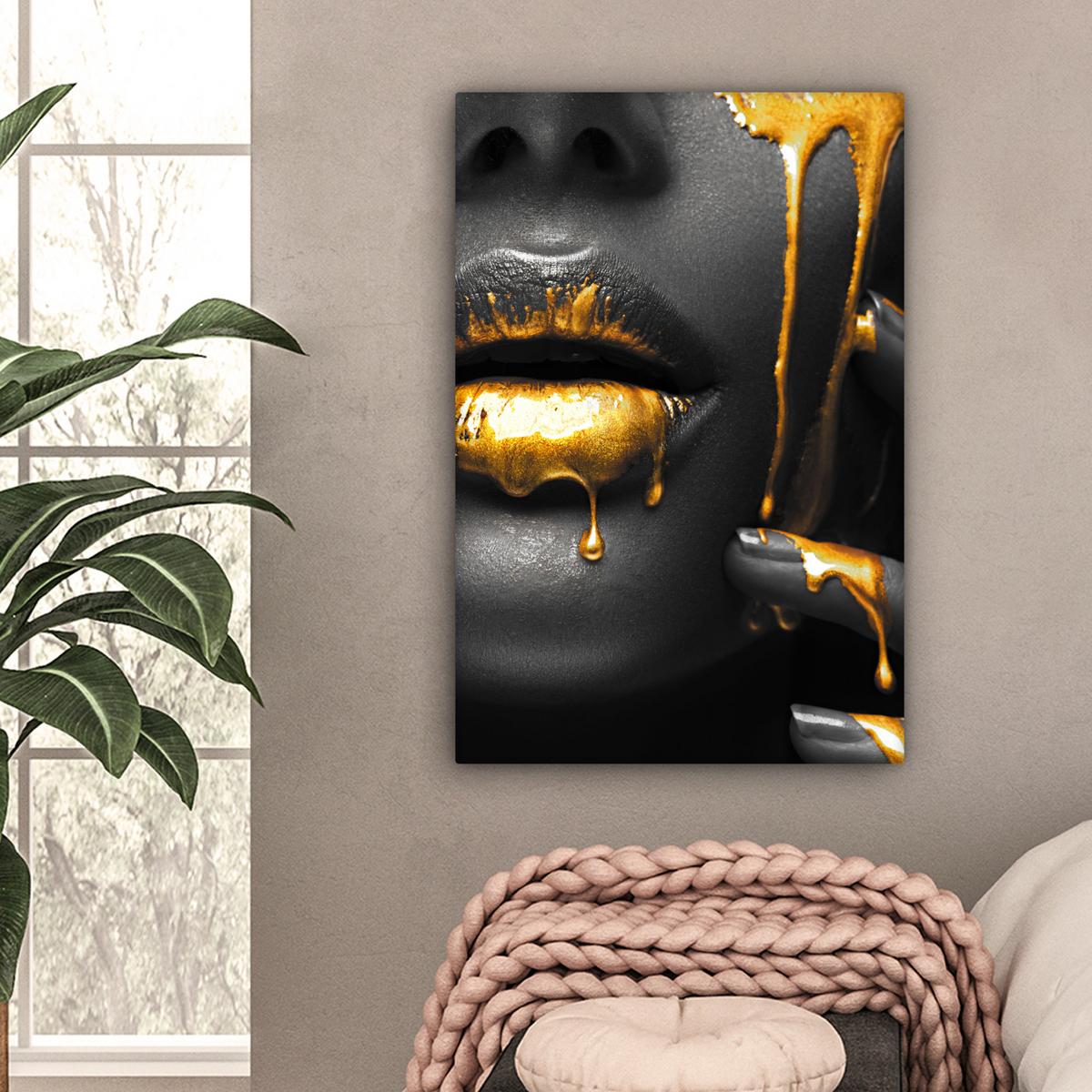 LEINWANDBILD Frau - Schwarz - Gold - Gesicht - Lippen Wanddeko Schlafzimmer 60x90 cm - Goldfarben, Textil (60/90cm) - MuchoWow
