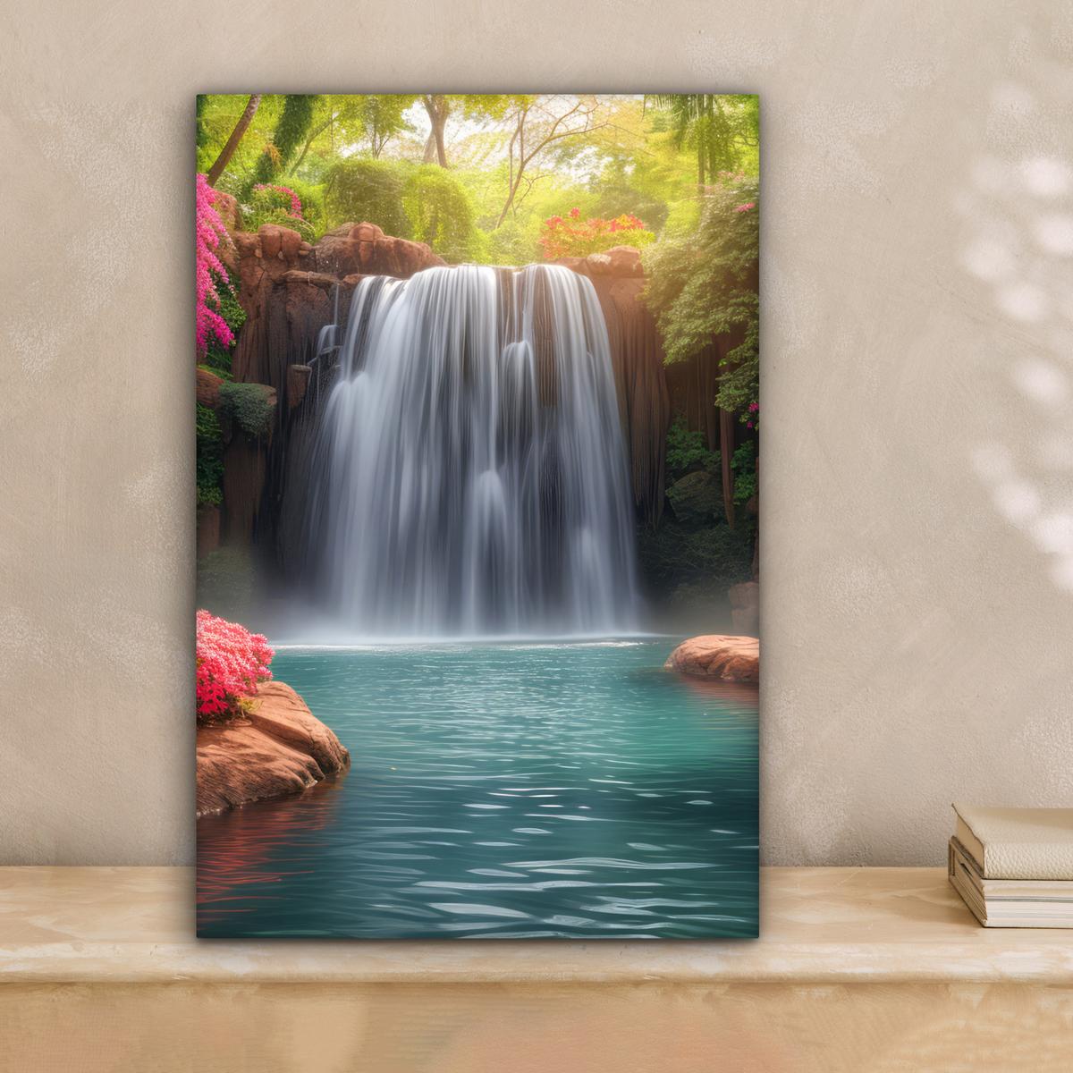 LEINWANDBILD Wasserfall - Natur - Pflanzen - Dschungel - Wasser Deko Wohnzimmer 20x30 cm - Grün, Textil (20/30cm) - MuchoWow
