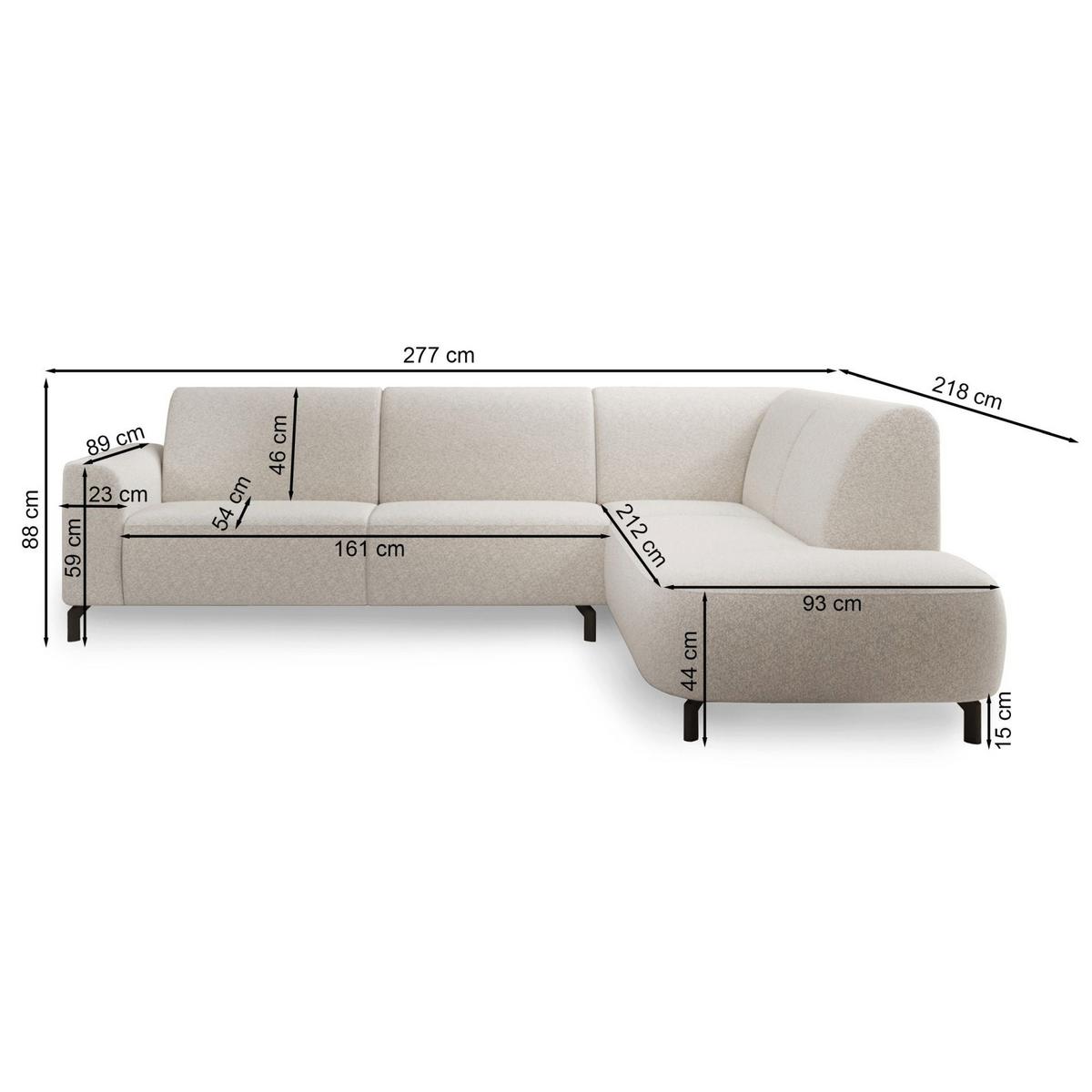 ECKSOFA Lununa Graubeige mit Armlehne, Bouclé, Ottomane rechts - Taupe/Schwarz, Textil/Metall (218/277cm) - Selsey