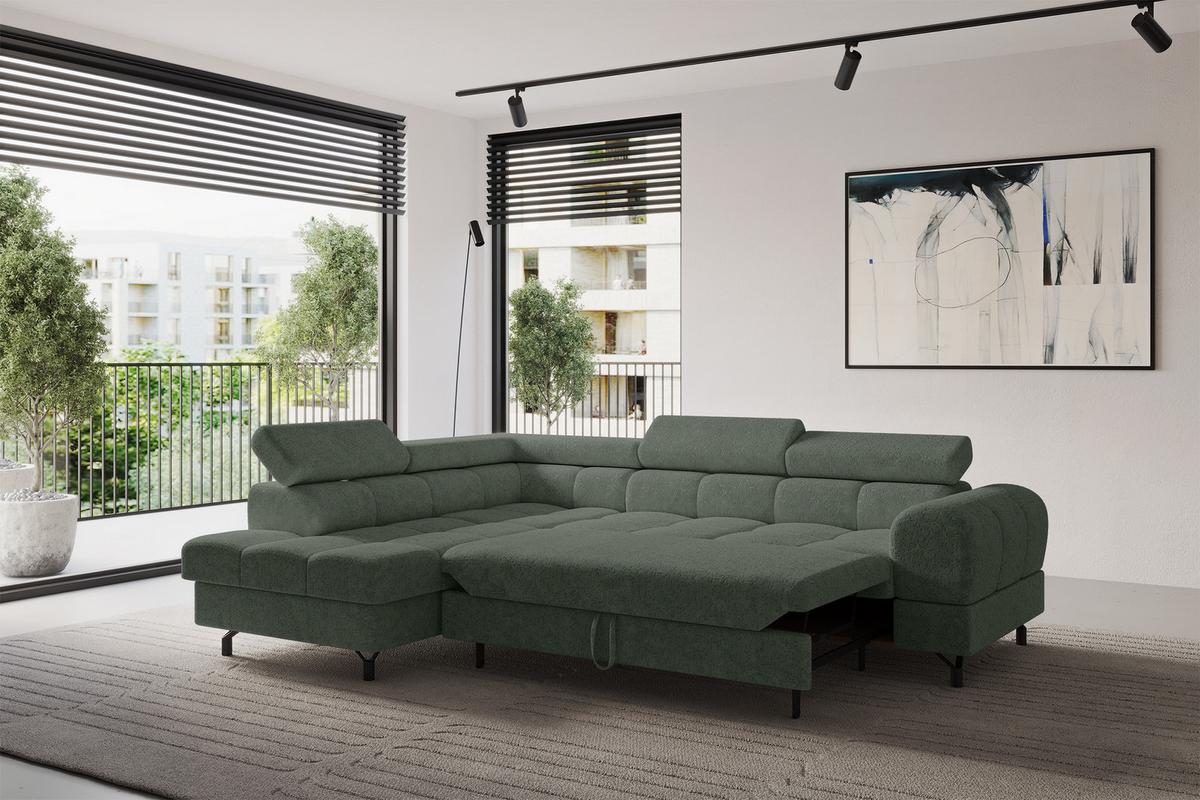 ECKSOFA mit Schlaffunktion Ottomane Links LUMA-L 272x203x70 Grün Velours - Schwarz/Grün, Holzwerkstoff/Kunststoff (272/203cm) - ALTDECOR