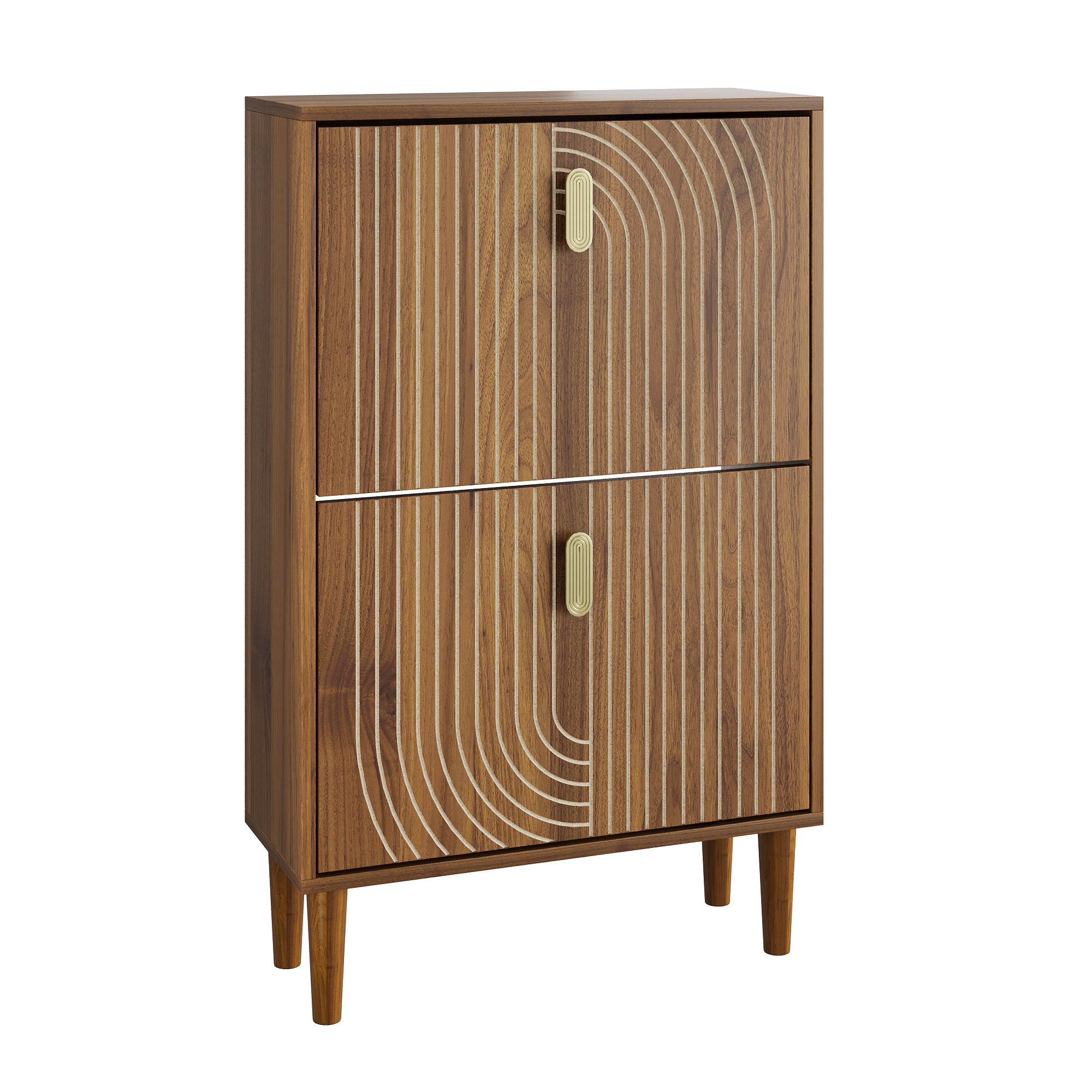 SCHUHSCHRANK 60 cm Braun mit 2 Klappfächern, Rillenfront und Metallgriff für Flur - Braun, Holzwerkstoff (60/96/24cm) - Urban Meuble