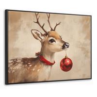 LEINWAND Bilder mit Rahmen - Weihnachten - Hirsch - Geweih - Weihnachtskugel - Rentier - 70x50 - Hellbraun, Textil (70/50cm) - MuchoWow