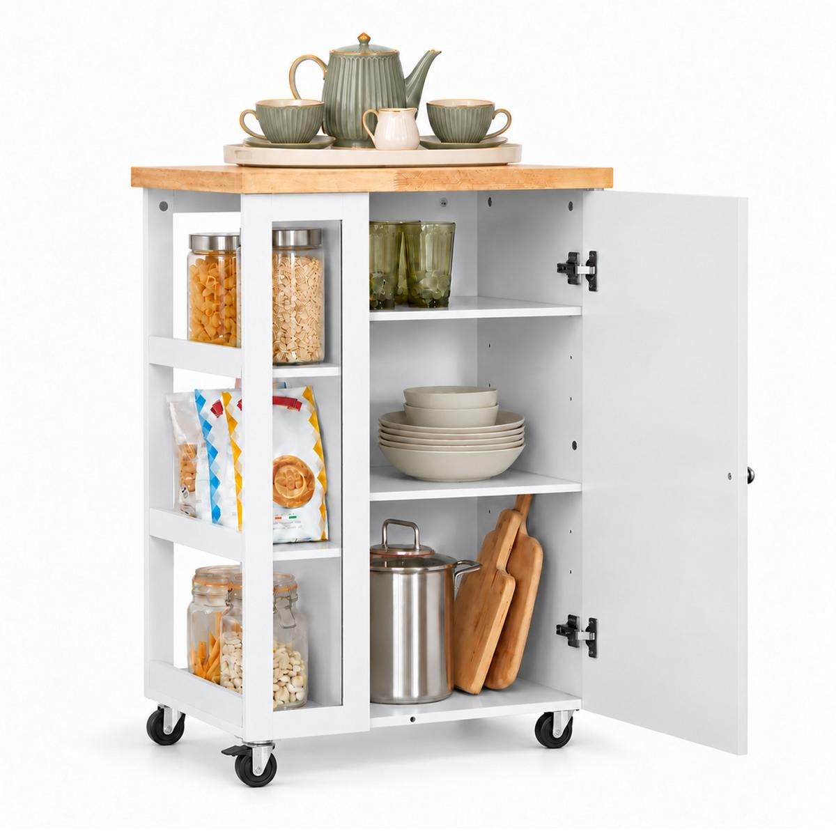 KÜCHENWAGEN weiß mit Rollen, 60 x 90 x 40 cm, 3-stufiges Seitenregal, Schrank mit verstellbaren Einlegeböden, für Küche und Esszimmer - Weiß, Glas/Holzwerkstoff (60/90/40cm) - SoBuy