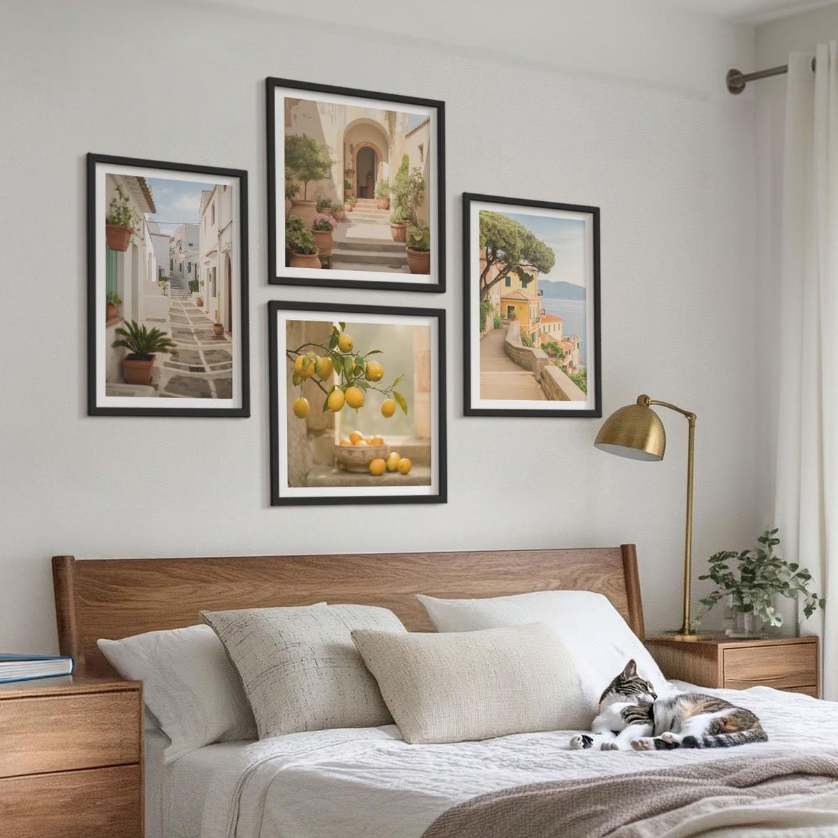BILDER SET 4er Set - 50x50 cm & 40x60 cm Schwarzer Rahmen - Zitrusbaum im Fenster am Meer - Schwarz, Kunststoff (50/50cm) - TULUP