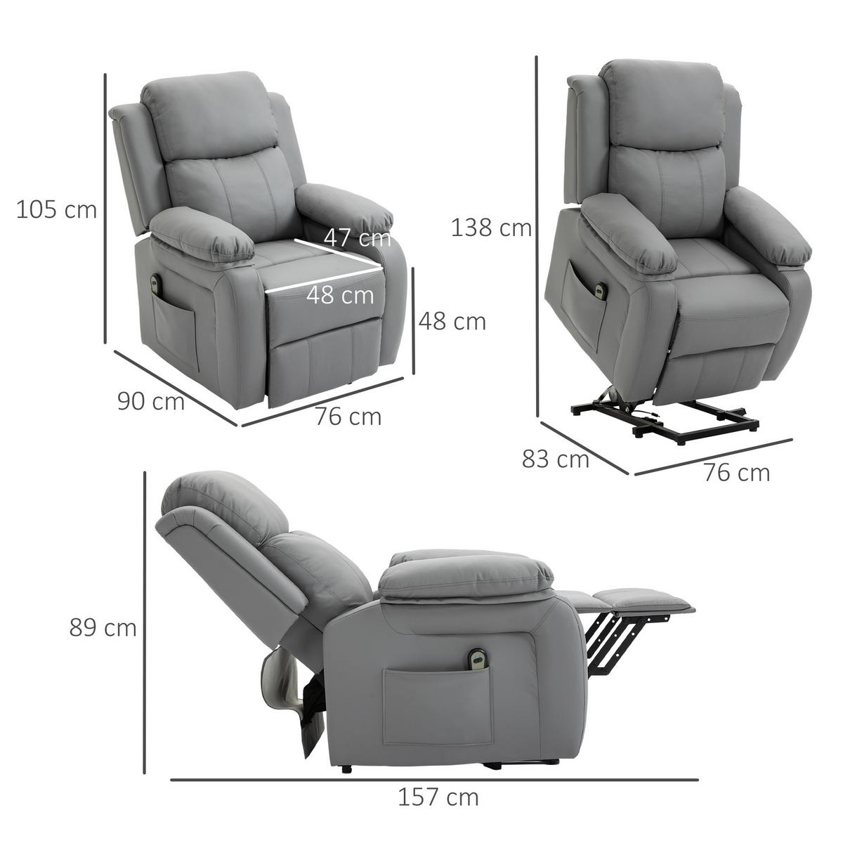 FERNSEHSESSEL mit Aufstehhilfe, Liegefunktion, Fernbedienung für Wohnzimmer Grau - Schwarz/Grau, Textil/Metall (76/105/90cm) - HOMCOM