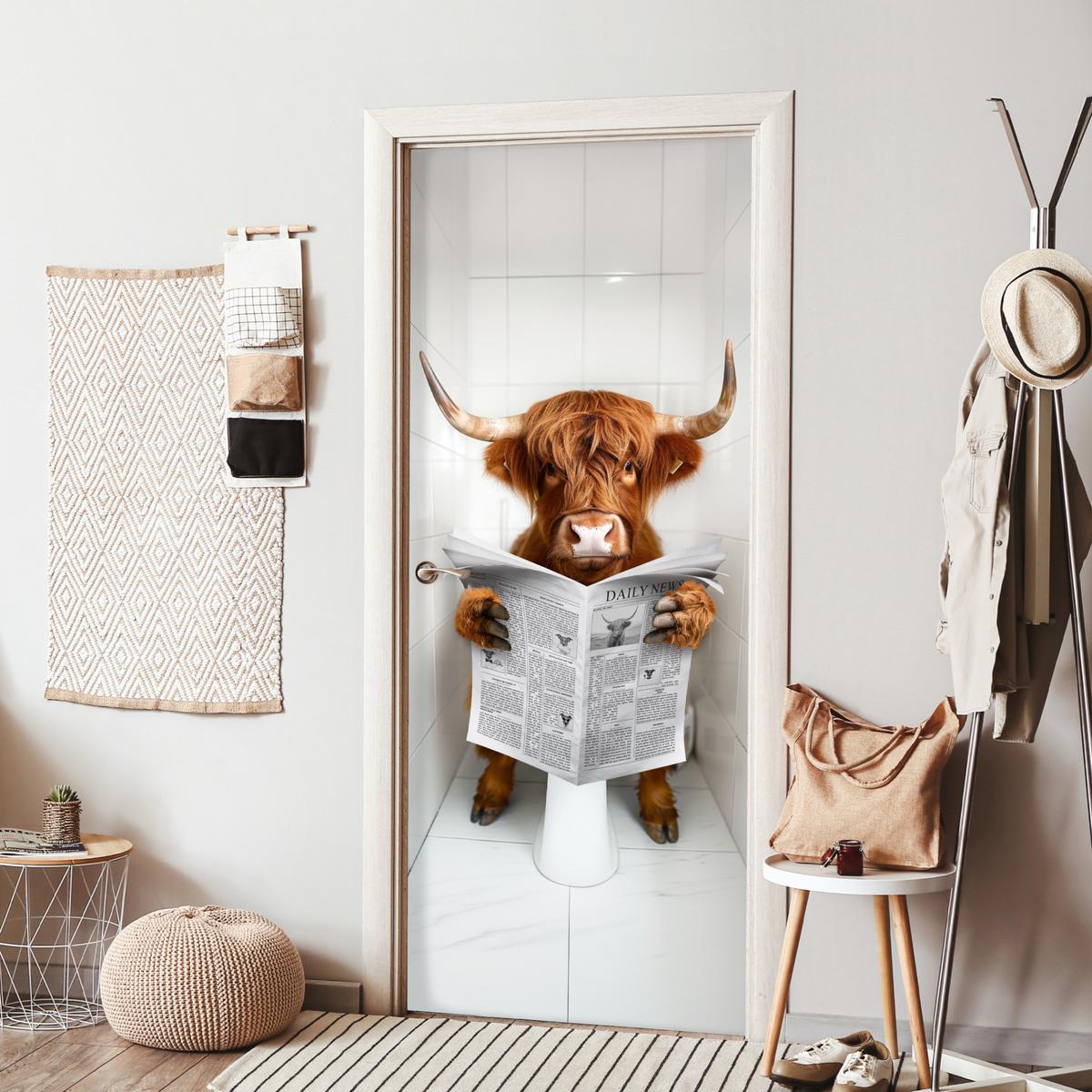 TÜRAUFKLEBER Scottish Highlander - Zeitung - WC - Tier Fototapete 75x205 cm - Türtapete - Weiß, Kunststoff (75/0.1/205cm) - MuchoWow