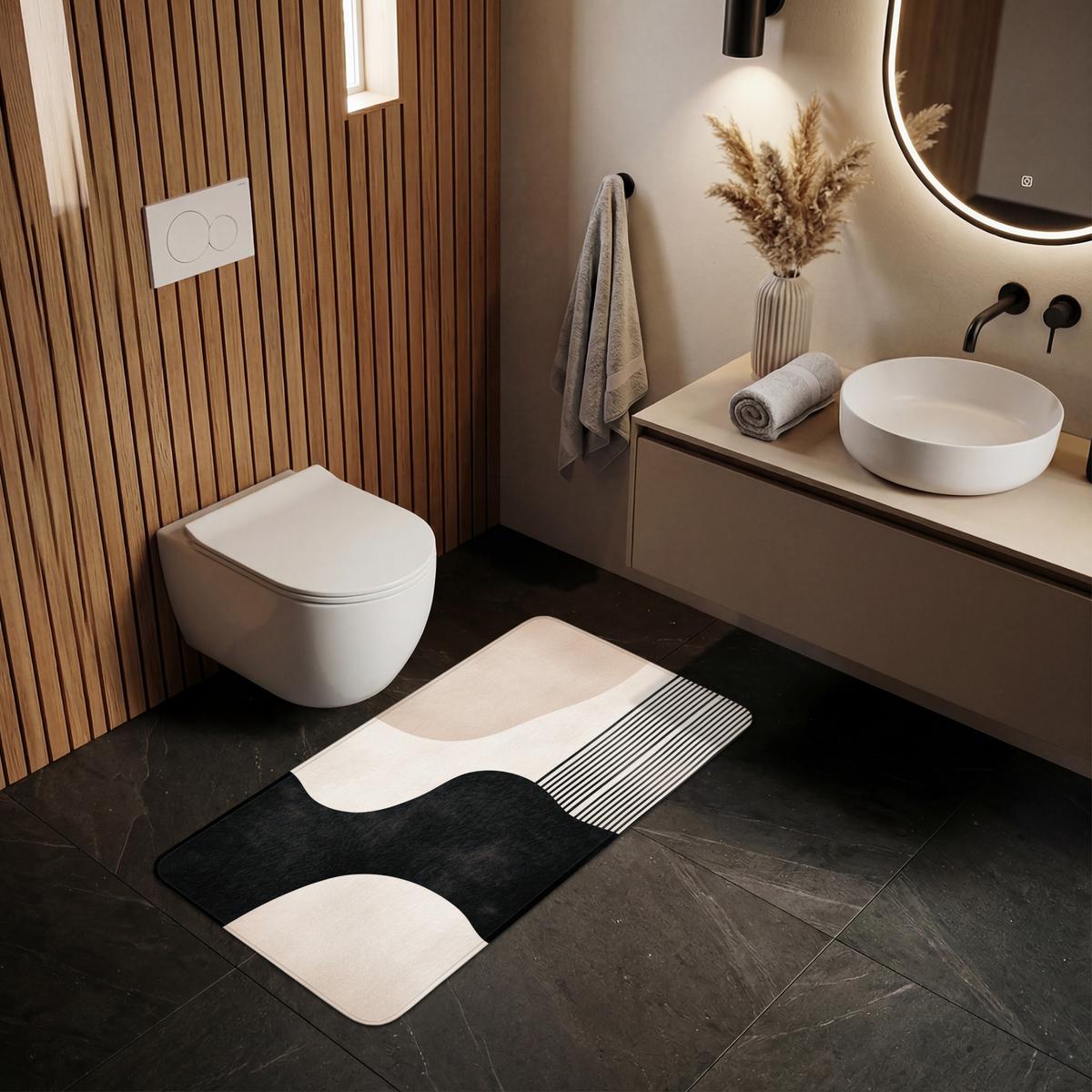 BADEMATTE Abstrakt - Japandi - Beige - Modern 120x60 cm - Beige/Schwarz, Textil (120/60cm) - OnlyWow