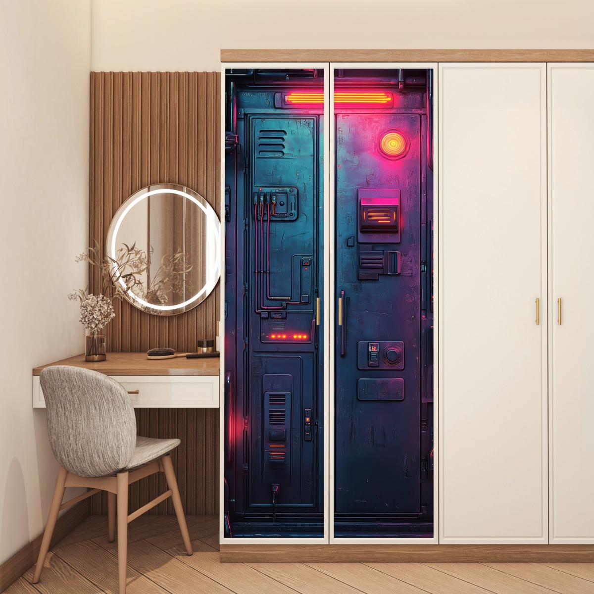 TÜRAUFKLEBER Tür - Futuristisch - Blau - Rosa - Neon Room Decor 85x205 cm - Türtapete - Anthrazit, Kunststoff (85/0.1cm) - MuchoWow