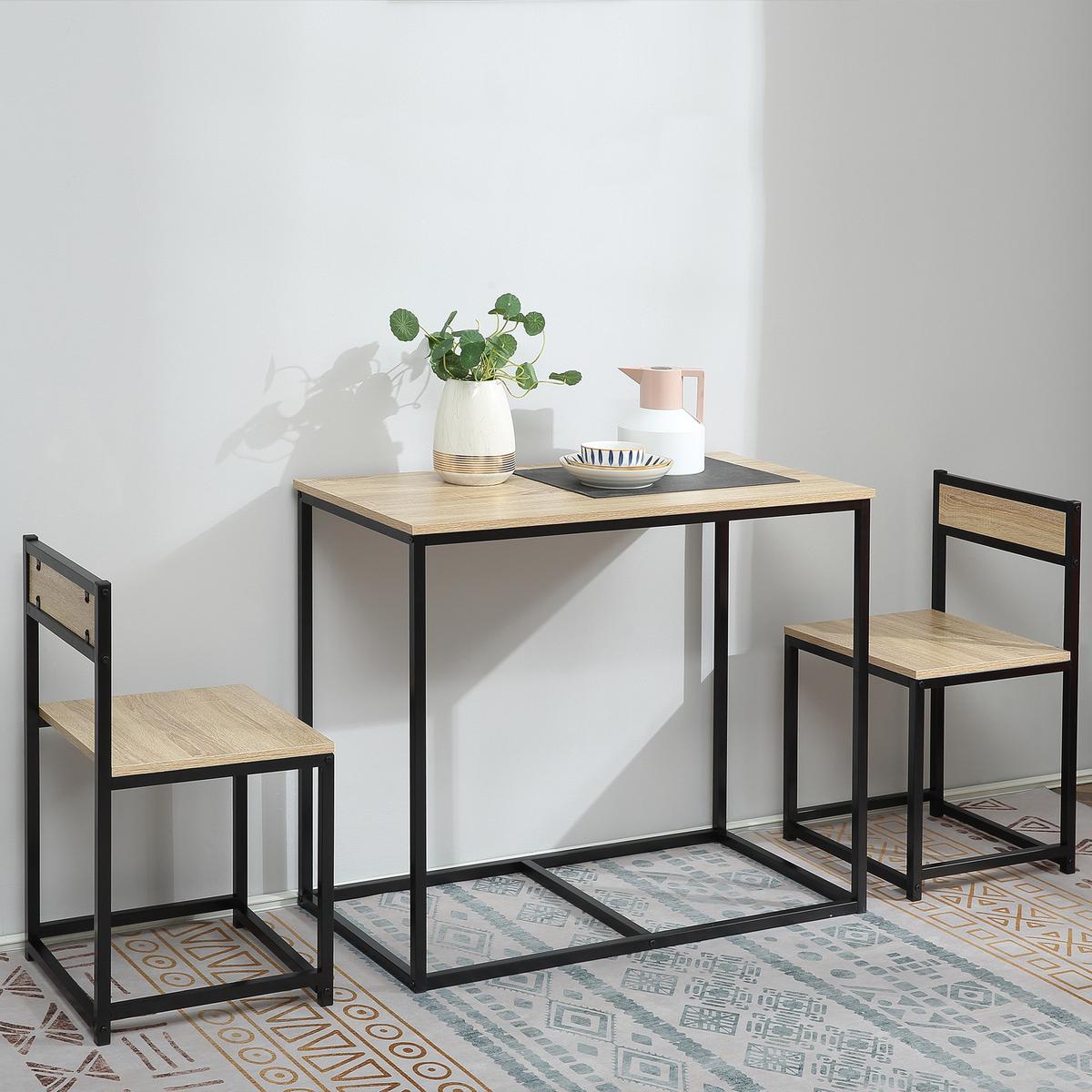 ESSTISCH mit 2 Stühlen, 3er-Set Essgruppe, Küchentisch-Set für 2 Personen, Eiche - Eichefarben, Metall (47/76/90cm) - HOMCOM