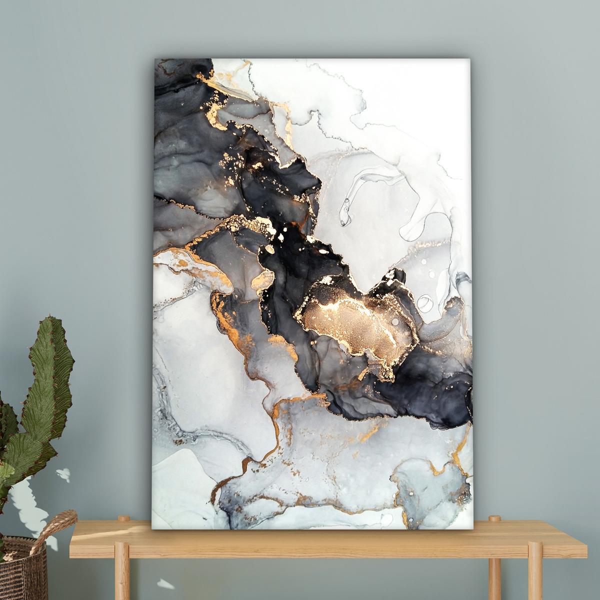 LEINWANDBILD Marmor - Schwarz - Weiß - Gold - Luxus - Abstrakt Wanddeko Schlafzimmer 60x90 cm - Goldfarben, Textil (60/90cm) - MuchoWow