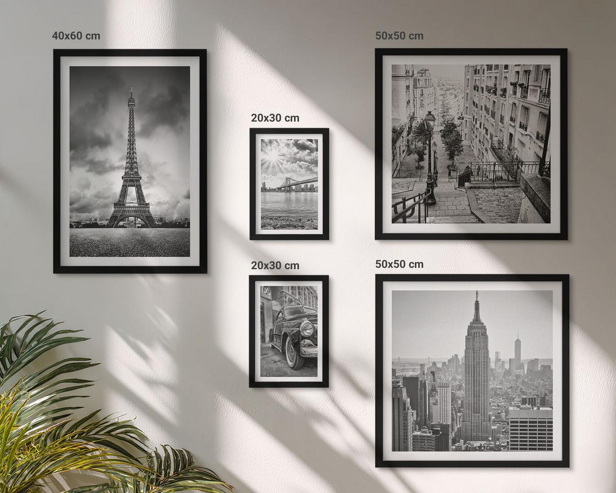 BILDER SET 5er Set - 50x50 cm & 20x30 cm & 40x60 cm Schwarzer Rahmen - Neonlinienwellen im Hintergrund - Schwarz, Kunststoff (40/60cm) - TULUP