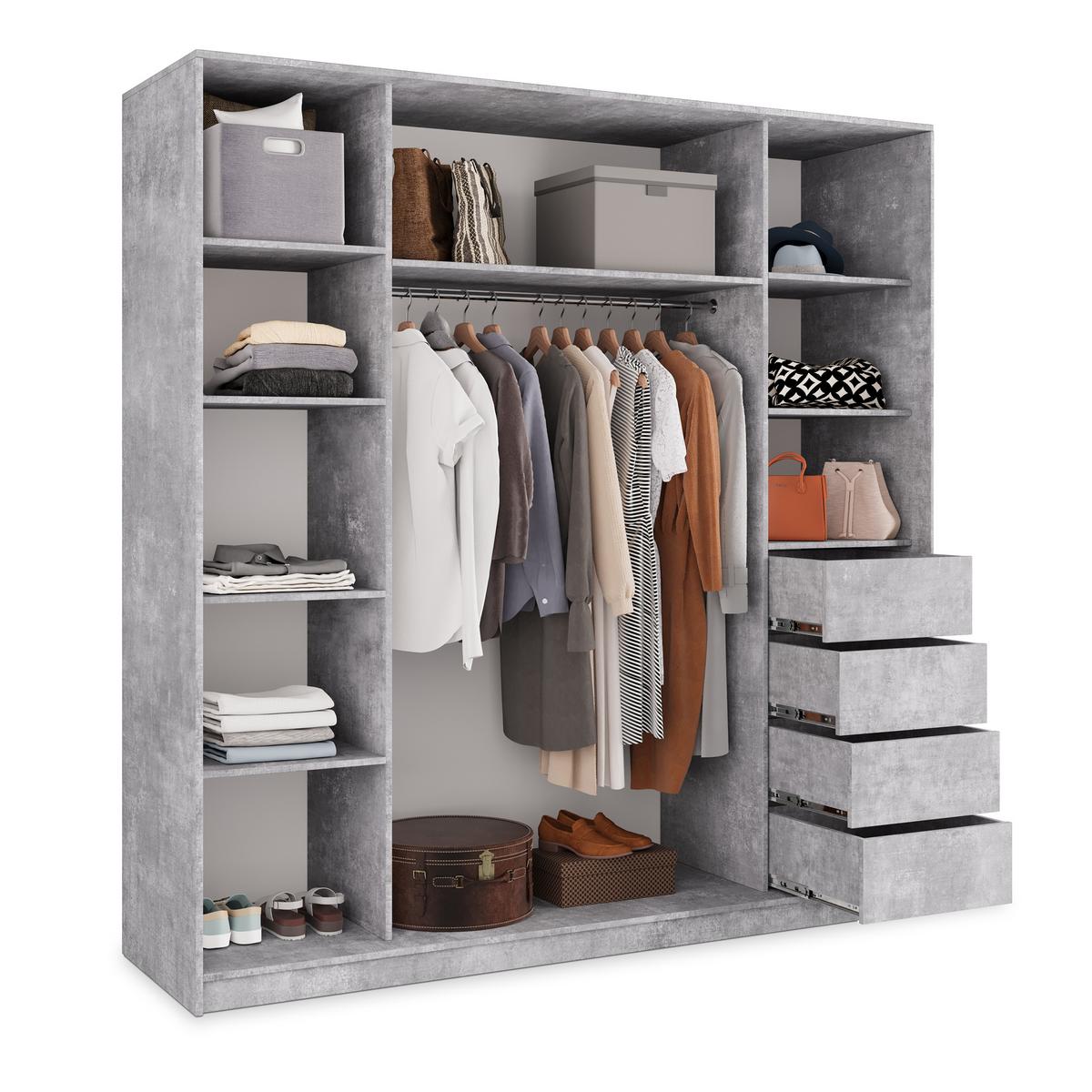 SCHWEBETÜRENSCHRANK PINA 180/205/58 cm 3-türig mit Spiegel und Schubladen Titanfarben - Titanfarben/Schwarz, Holzwerkstoff (180/205/58cm) - MASSENO