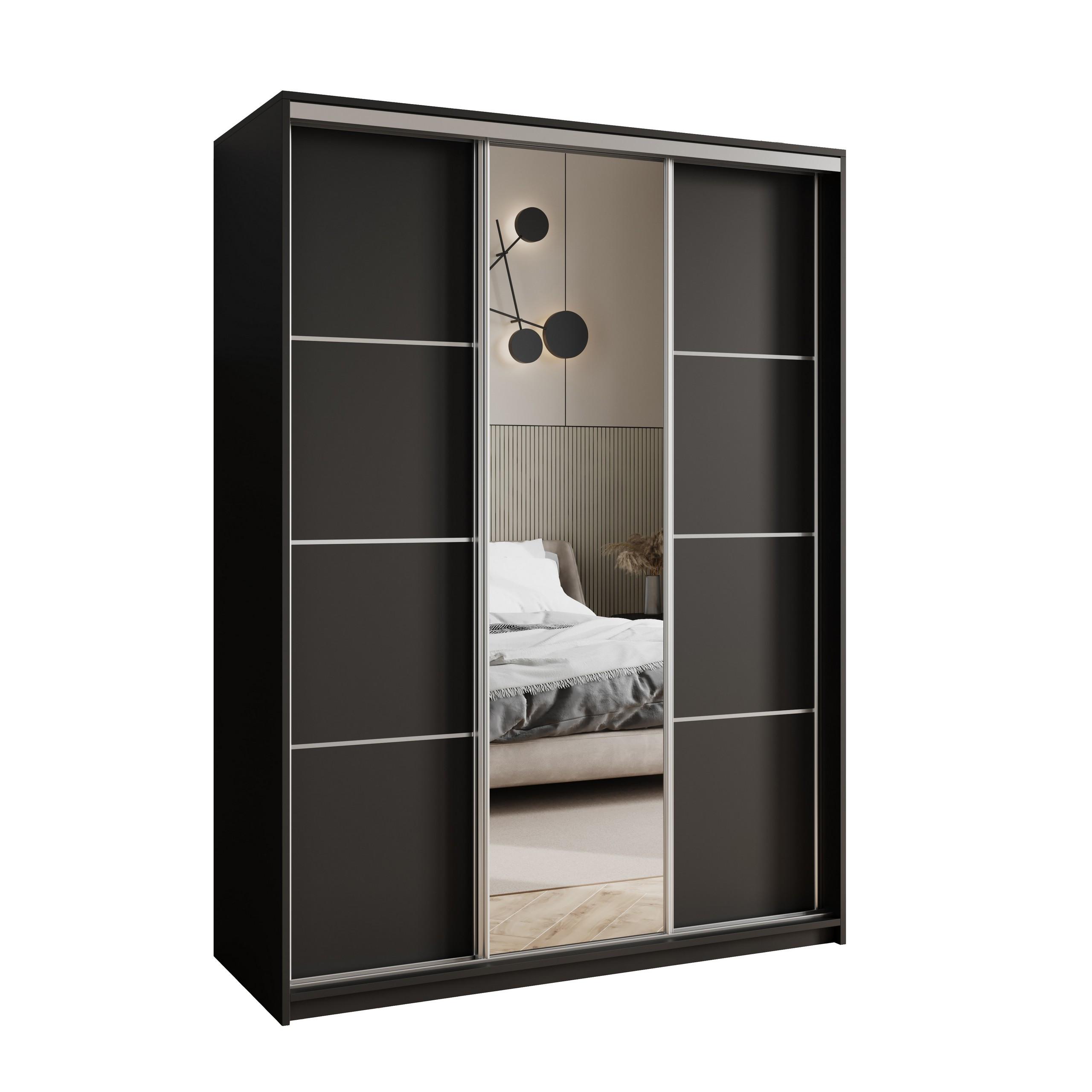 SCHWEBETÜRENSCHRANK VARO 150/205/60 cm 3-türig mit Spiegel Schwarz - Schwarz, Holzwerkstoff (150/205/60cm) - MASSENO