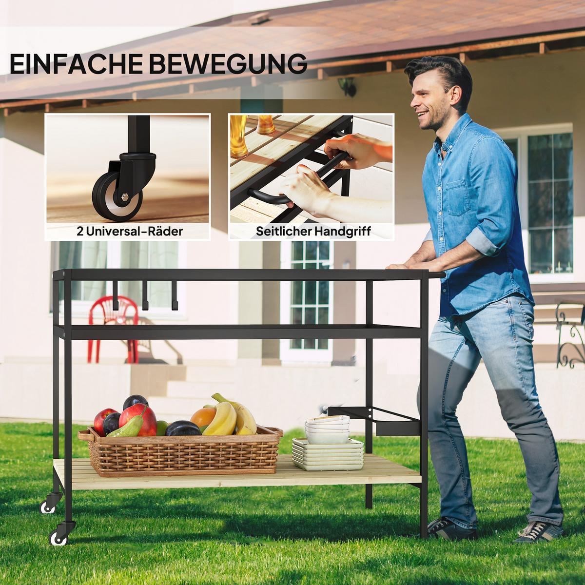 SERVIERWAGEN, Barbecue Trolley mit 2 Regalen, Haken für Garten, Balkon, Natur - Fichtefarben, Metall (65/80/107cm) - Outsunny