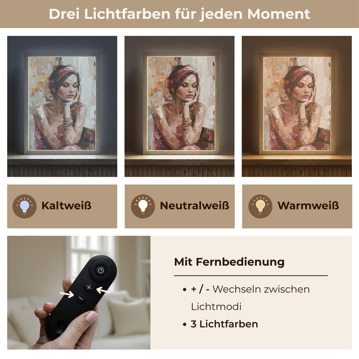 WANDLEUCHTE MIT AKKU Frau - Lackierung - Porträt - Modern 30x40 cm - Braun, Holzwerkstoff (30/40/8cm) - OnlyWow