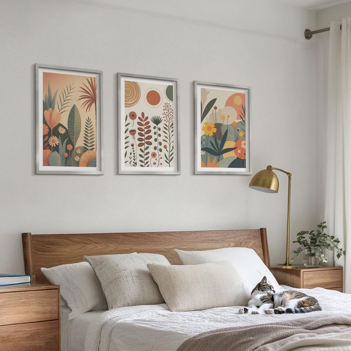 BILDER SET 3er Set - 40x60 cm Silberner Rahmen - Boho-Pflanzenmuster Natur - Silberfarben, Kunststoff (40/60cm) - TULUP
