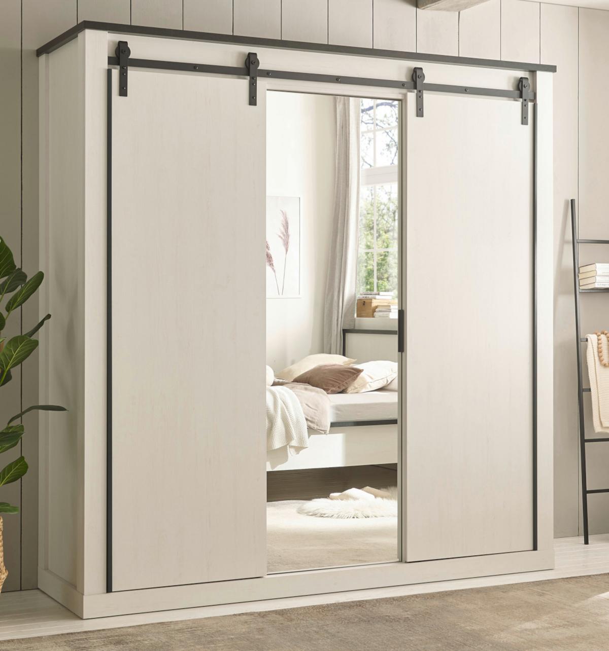 KLEIDERSCHRANK weiß Pinie, anthrazit Landhaus, Schiebetürenschrank 3-türig mit Spiegel 201 x 209 - Anthrazit/Weiß, Holzwerkstoff/Metall (201/209/63cm) - Furn.Design